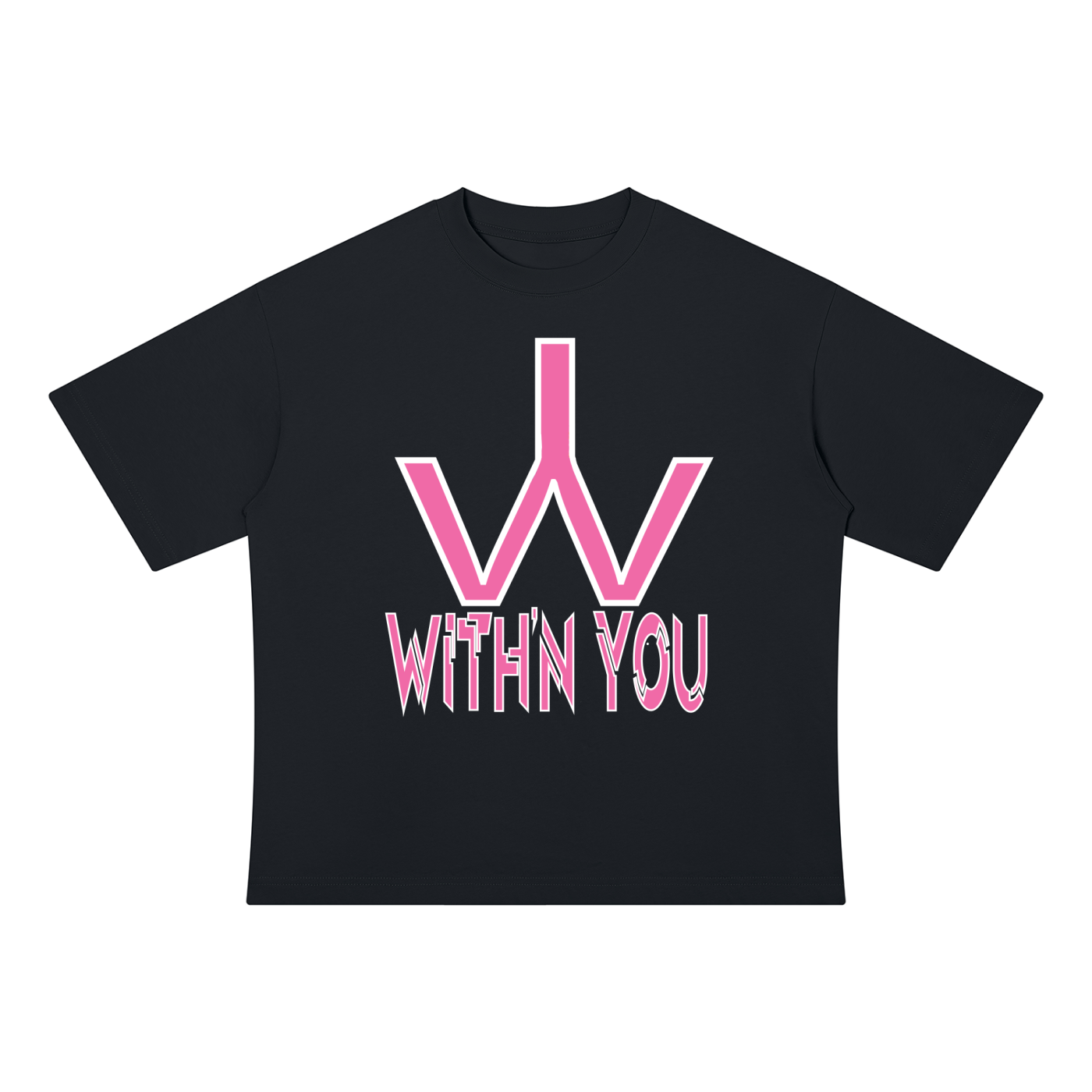 "WITH'N YOU" LOGO - WHITE/PINK - Unisex Drop Shoulder Cotton T-Shirt