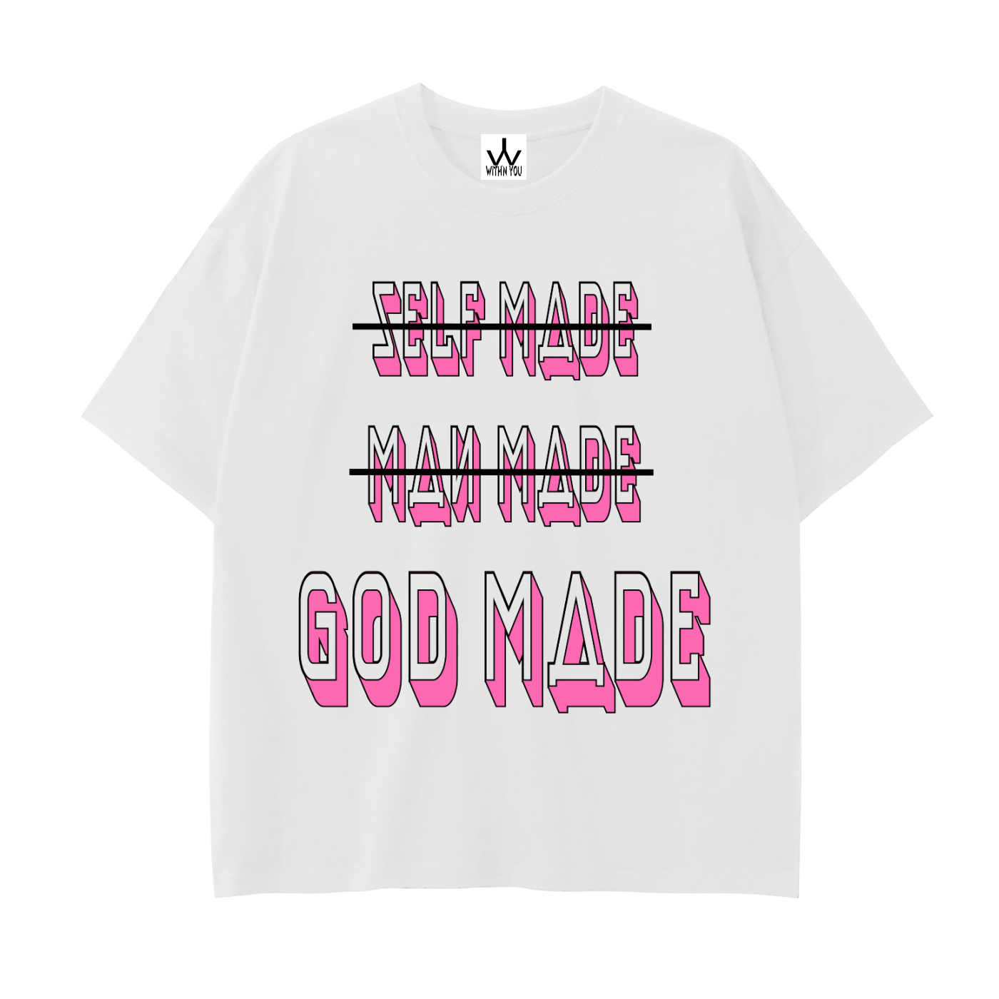 "GOD MADE" - BLACK/PINK - Drop Shoulder Cotton T-Shirt