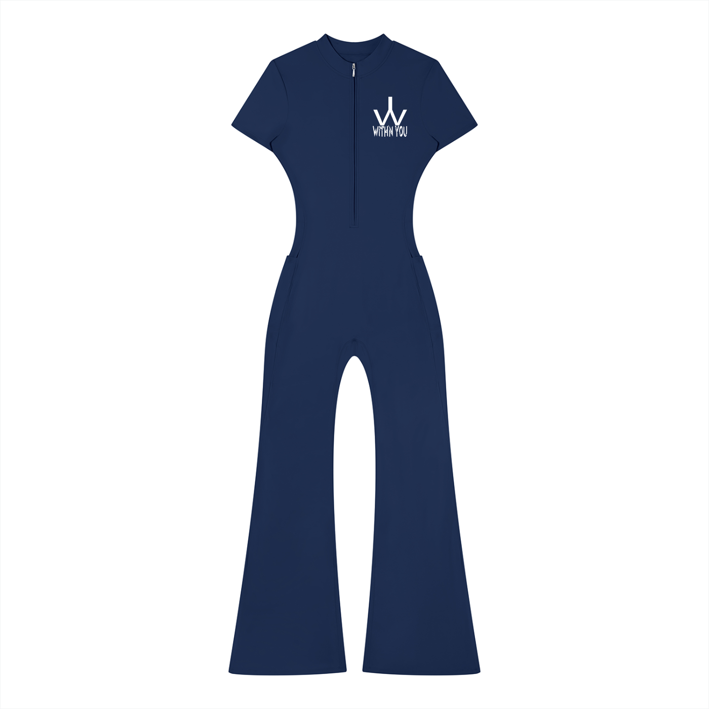 "WITH'N YOU" LOGO - WHITE - Women’s Tight Flared Leg Quarter-Zip Jumpsuit