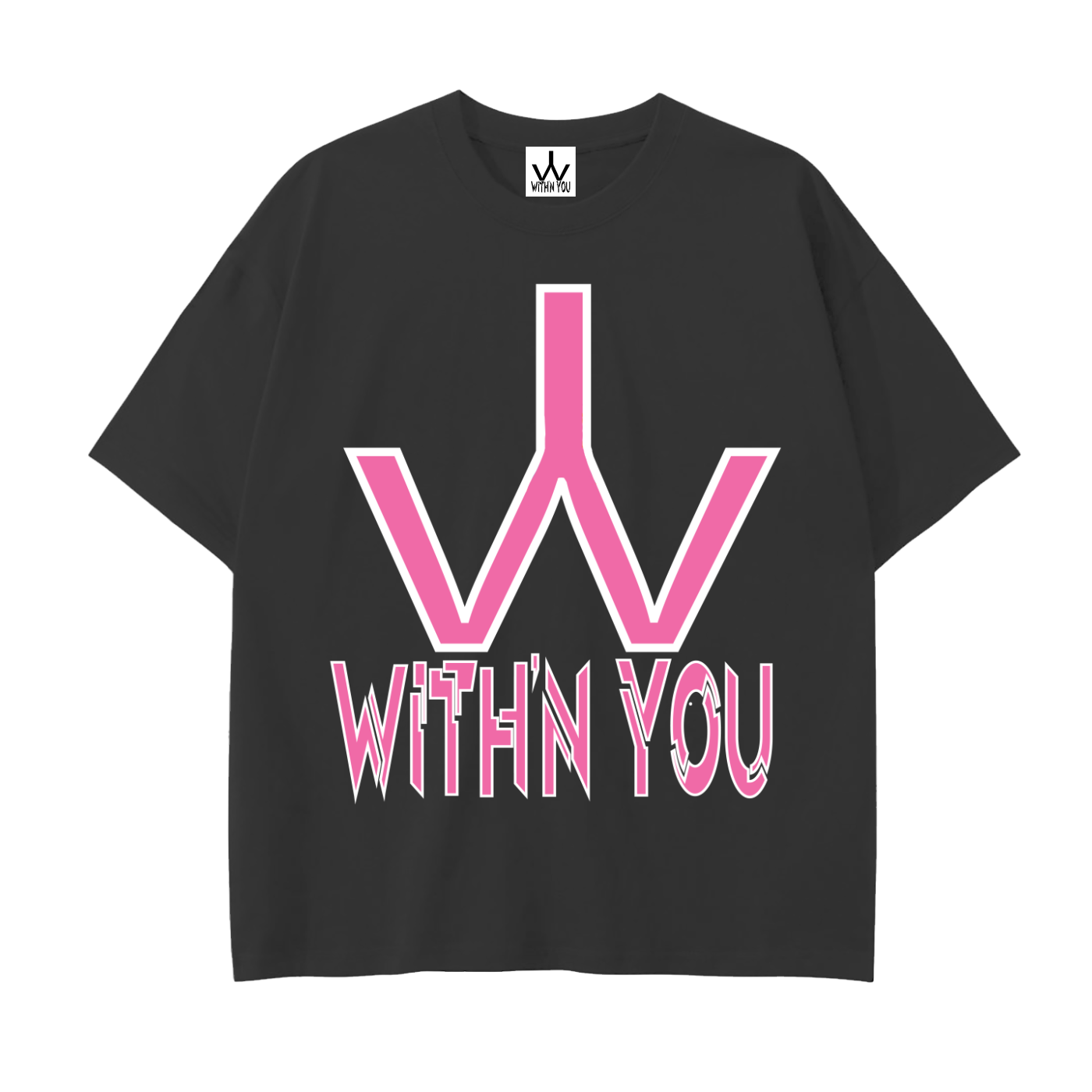 "WITH'N YOU" LOGO - WHITE/PINK - Drop Shoulder Cotton T-Shirt