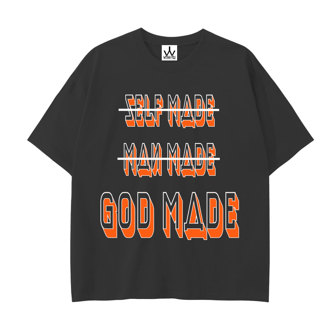 "GOD MADE" - WHITE/ORANGE- Drop Shoulder Cotton T-Shirt