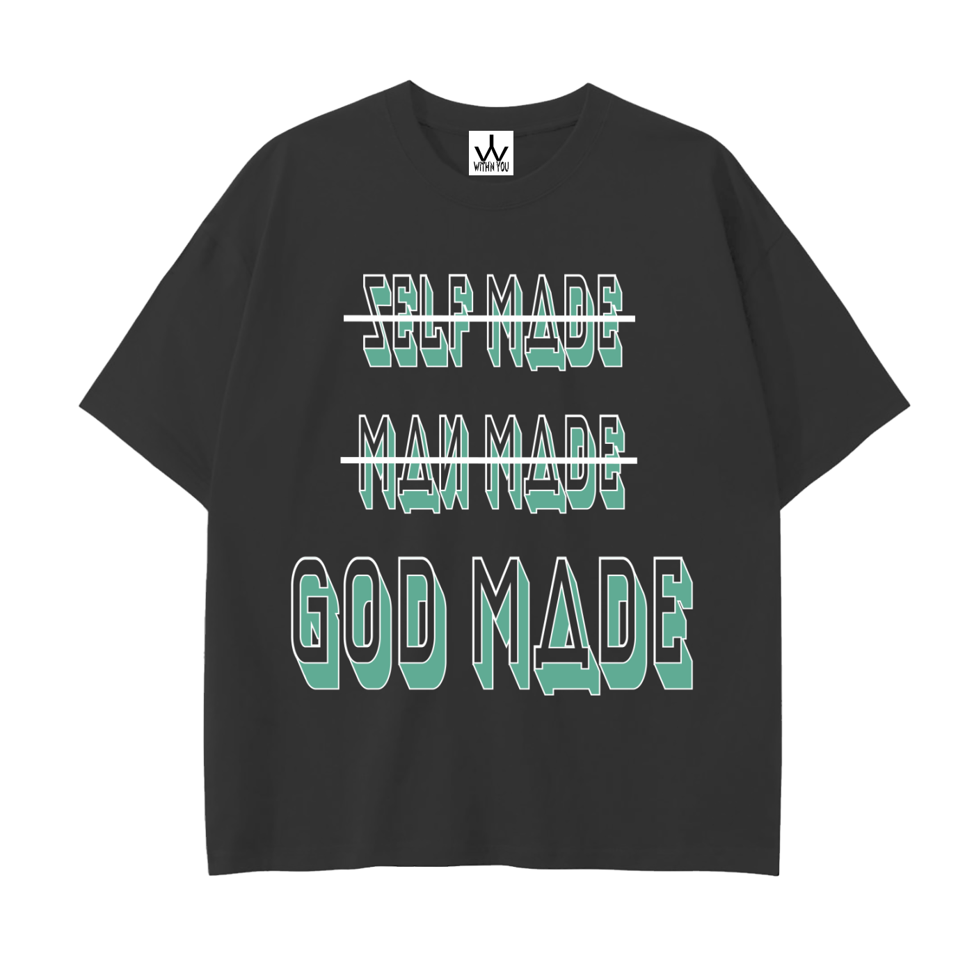 "GOD MADE" - WHITE/TEAL- Drop Shoulder Cotton T-Shirt