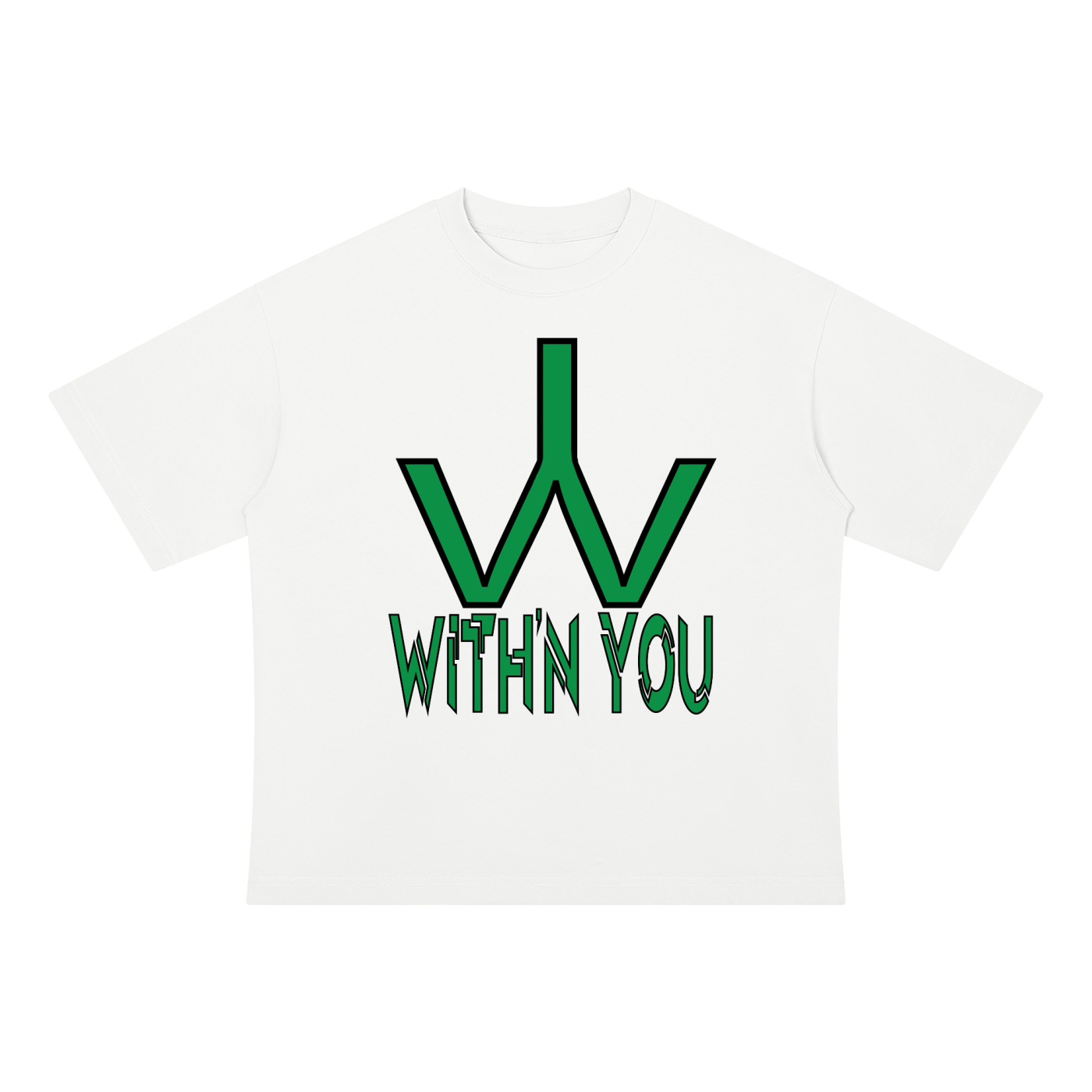 "WITH'N YOU" LOGO - BLACK/GREEN - Unisex Drop Shoulder Cotton T-Shirt