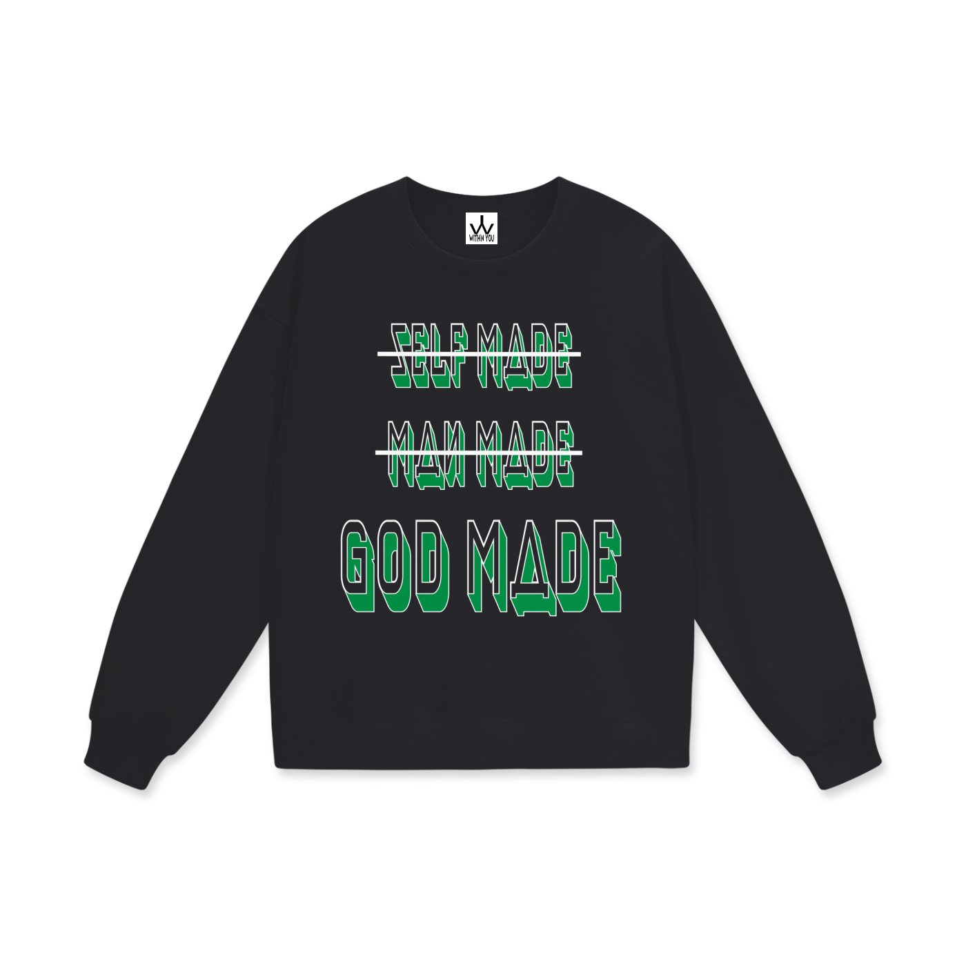 "GOD MADE" - WHITE/GREEN - Heavyweight Drop Shoulder Sweatshirt