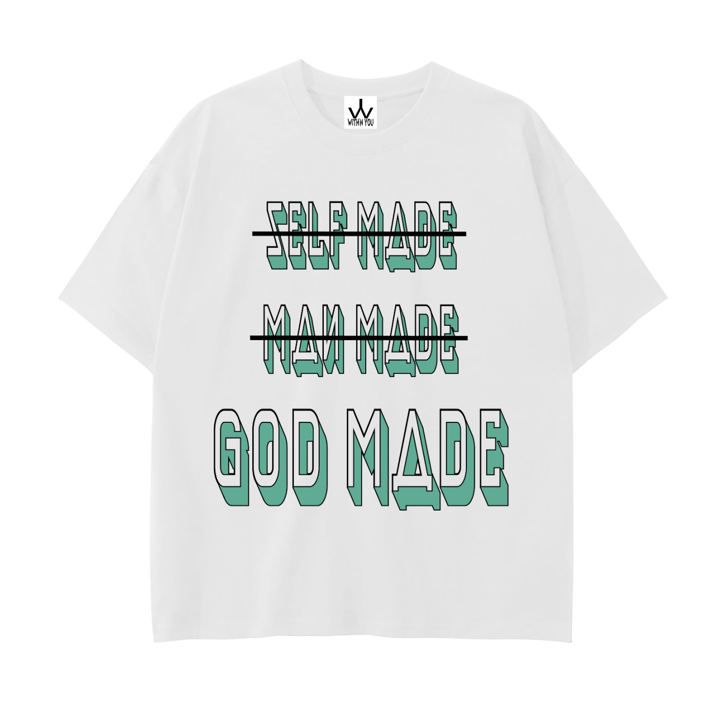 "GOD MADE" - BLACK/TEAL - Drop Shoulder Cotton T-Shirt