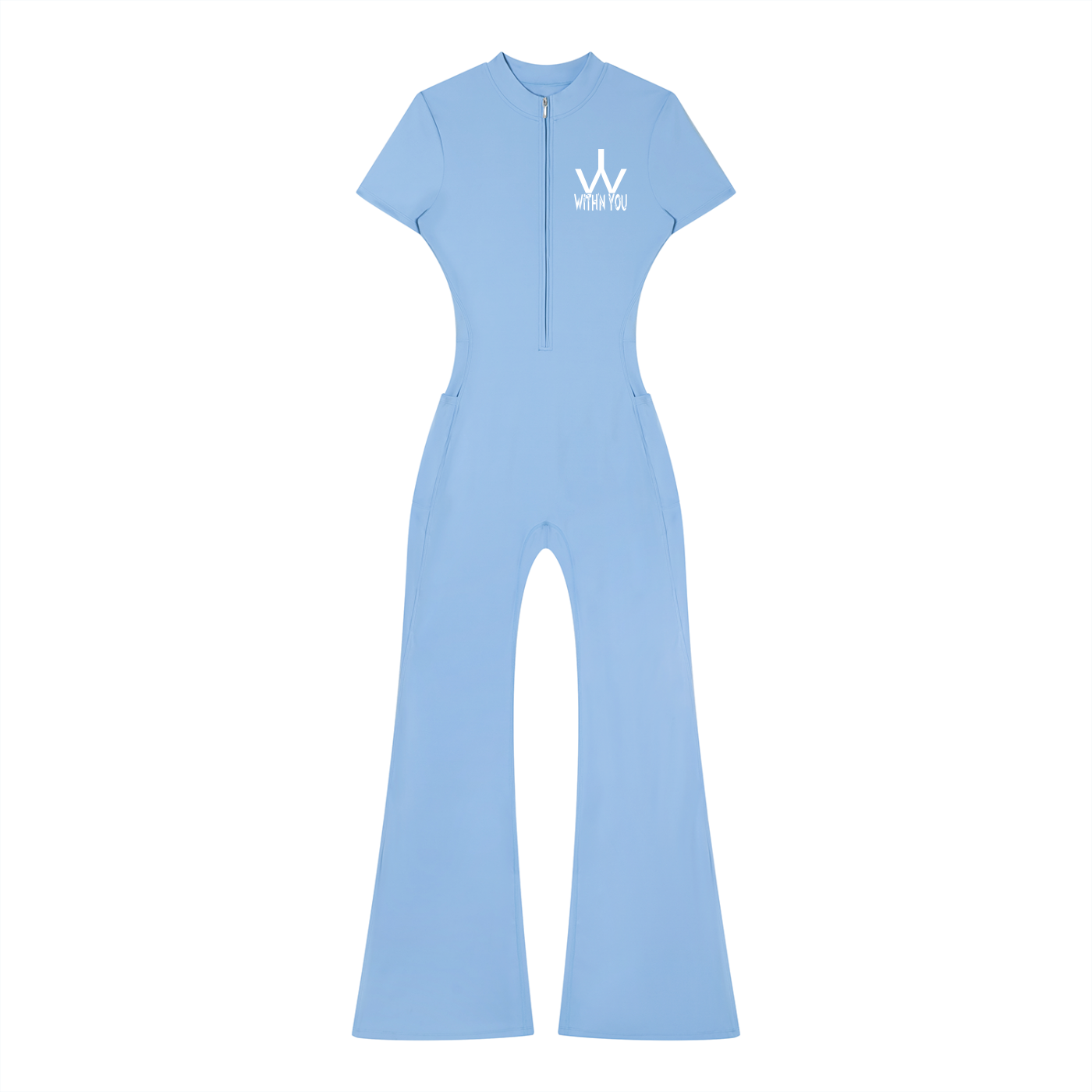 "WITH'N YOU" LOGO - WHITE - Women’s Tight Flared Leg Quarter-Zip Jumpsuit