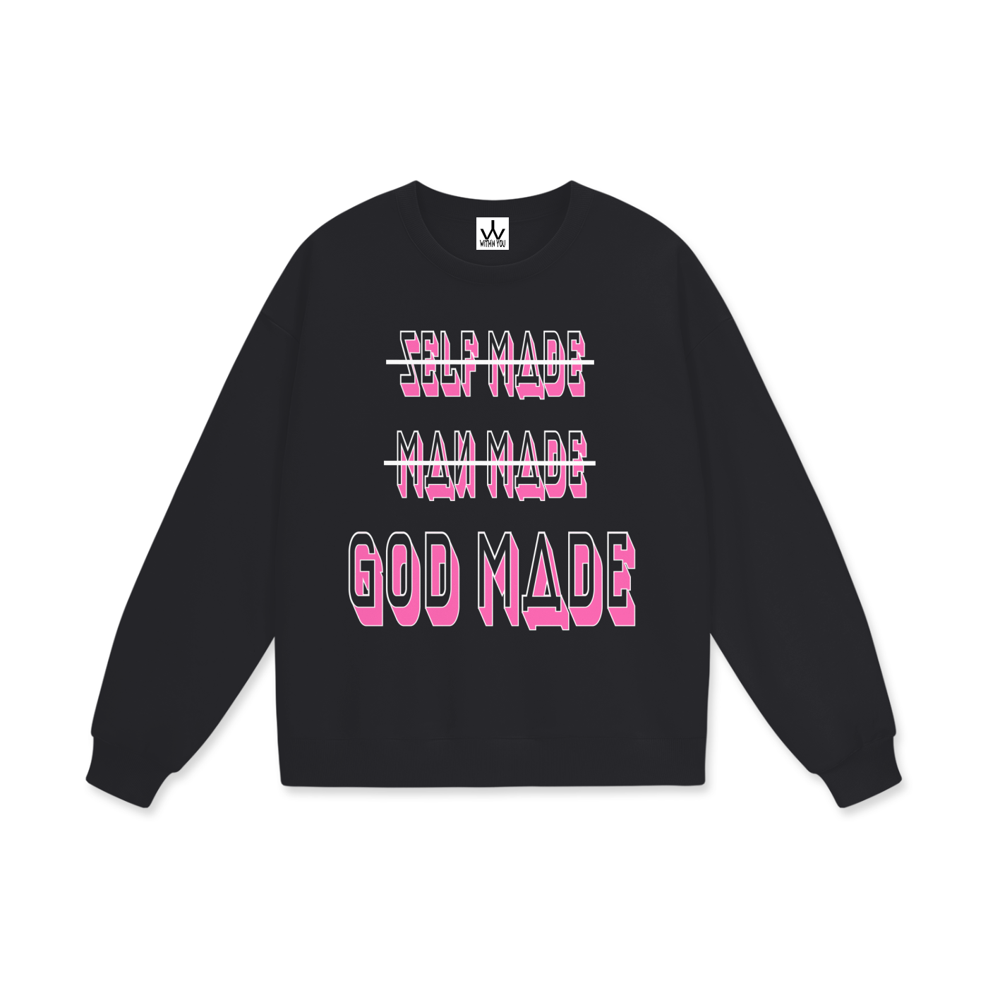 "GOD MADE" - WHITE/PINK - Heavyweight Drop Shoulder Sweatshirt