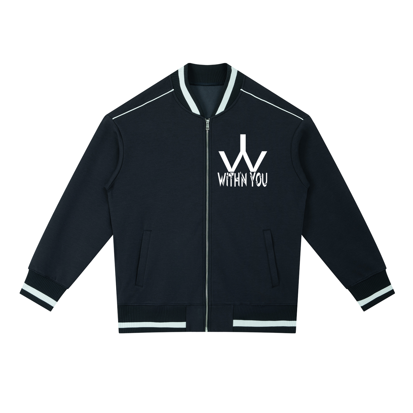 "WITH'N YOU" LOGO - WHITE - Contrast Piping Zip Bomber Jacket