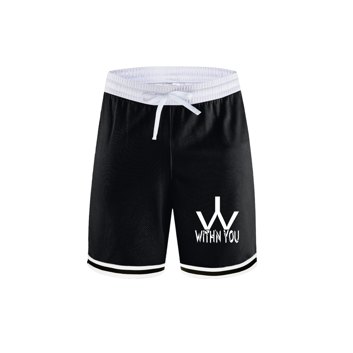 "WITH'N YOU" LOGO - WHITE- Classic Stripe Trim Basketball Shorts