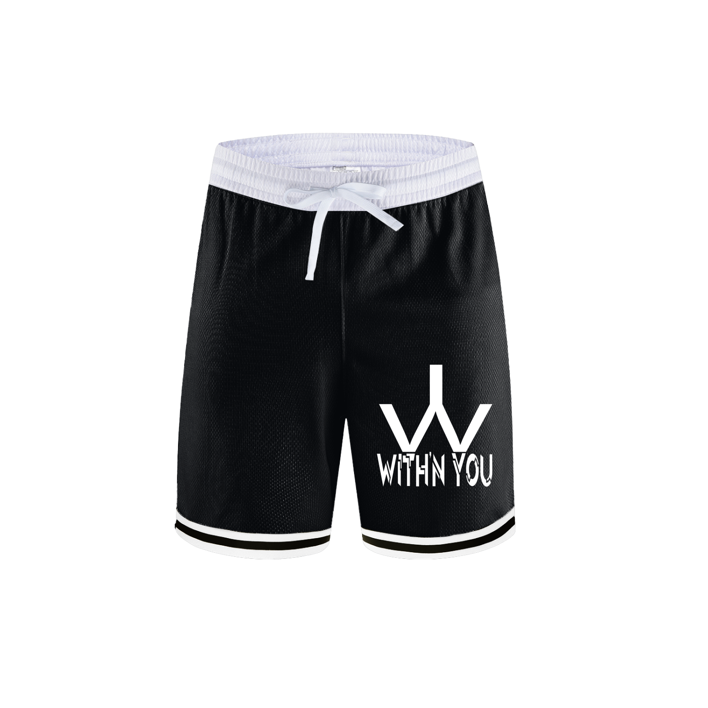 "WITH'N YOU" LOGO - WHITE- Classic Stripe Trim Basketball Shorts