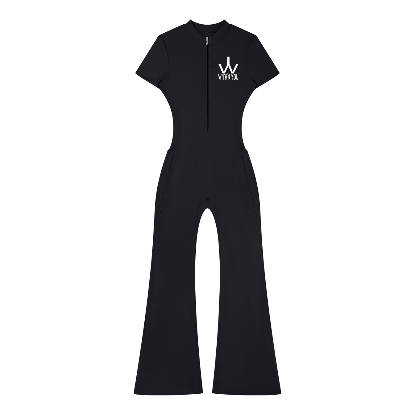"WITH'N YOU" LOGO - WHITE - Women’s Tight Flared Leg Quarter-Zip Jumpsuit