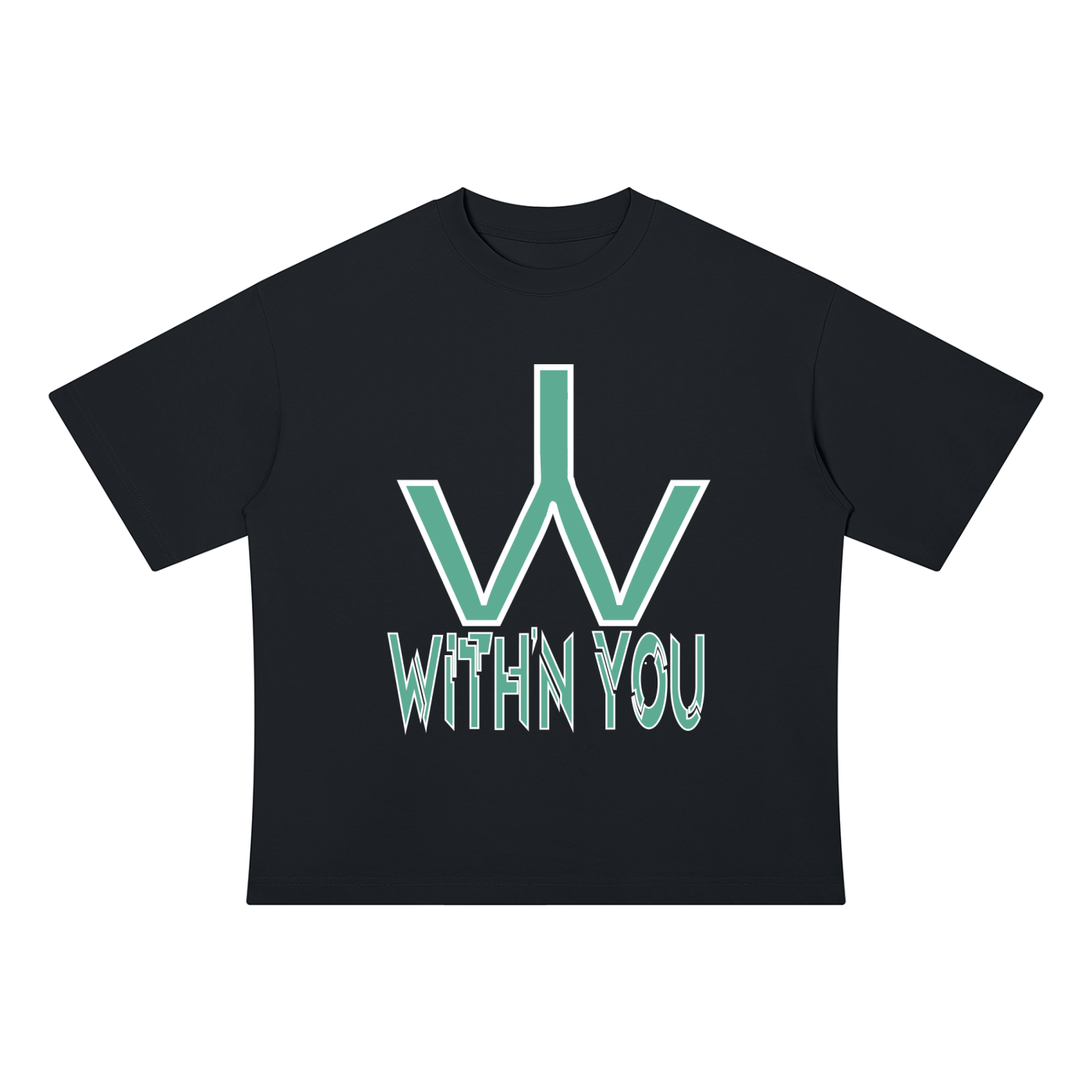 "WITH'N YOU" LOGO - WHITE/TEAL - Unisex Drop Shoulder Cotton T-Shirt