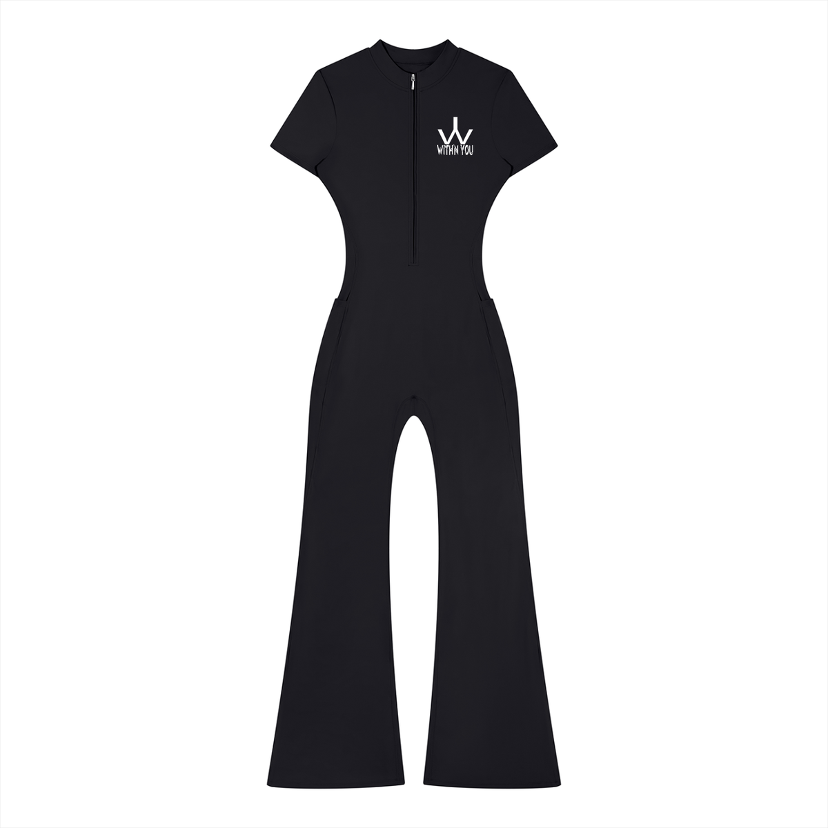 "WITH'N YOU" LOGO - WHITE - Women’s Tight Flared Leg Quarter-Zip Jumpsuit