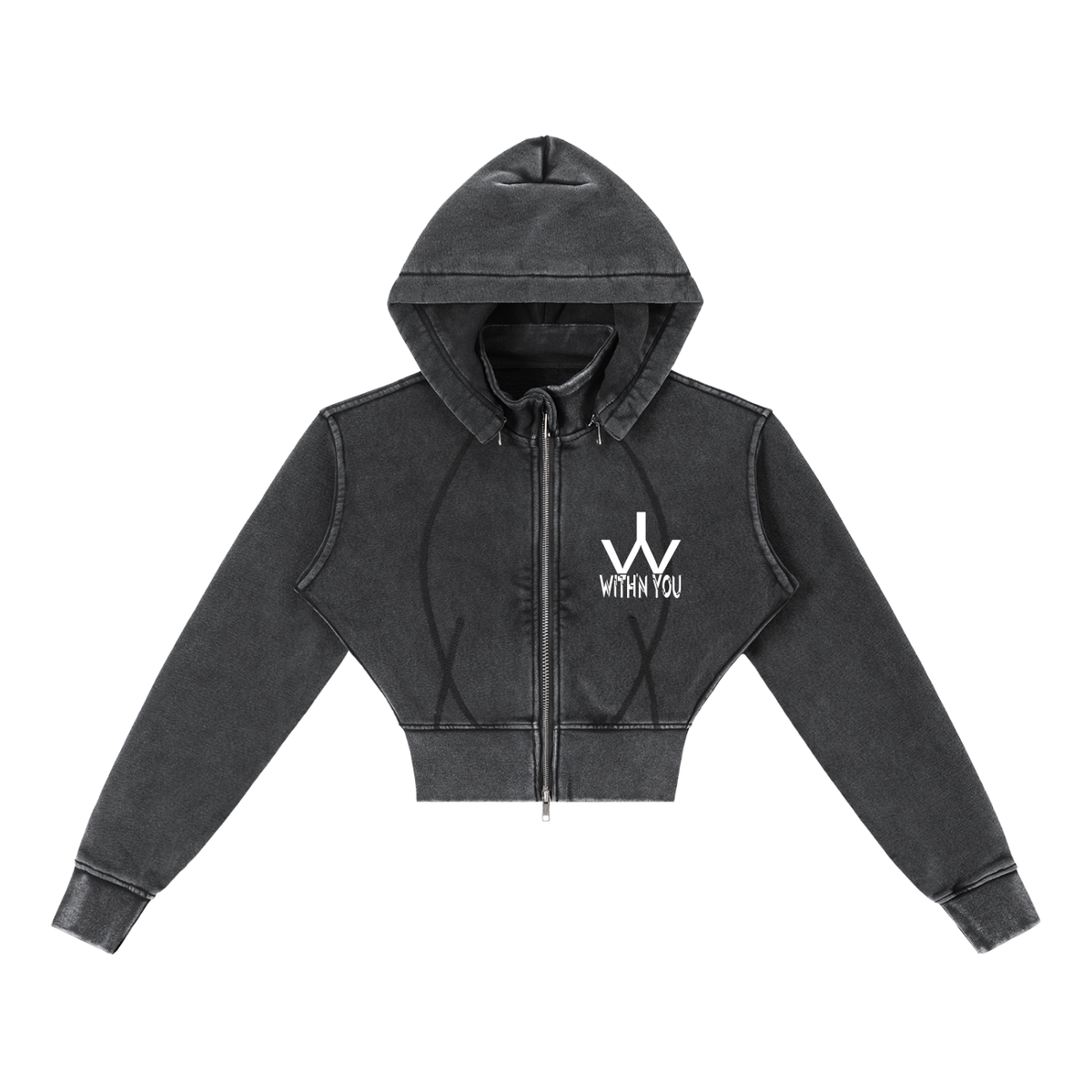 "WITH'N YOU" LOGO - WHITE - Vintage Washed Cropped Fleece Hoodie