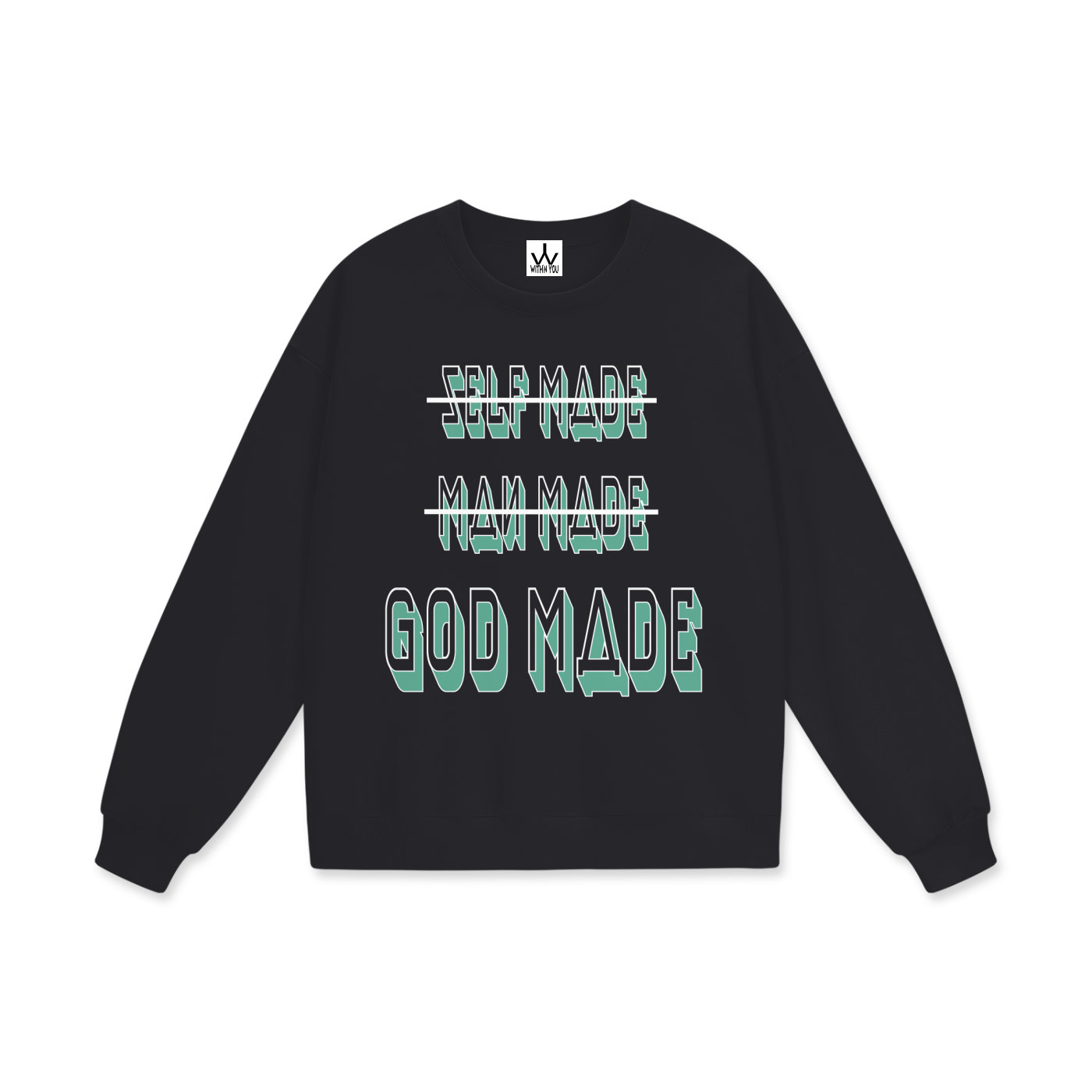 "GOD MADE" - WHITE/TEAL - Heavyweight Drop Shoulder Sweatshirt