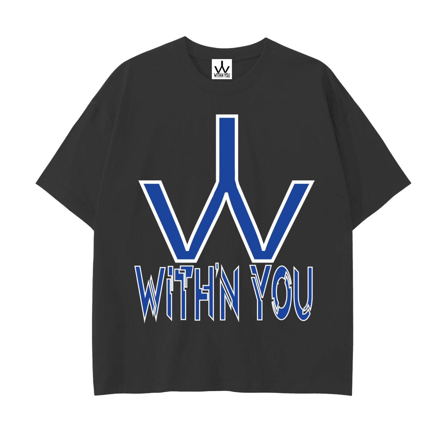 "WITH'N YOU" LOGO - WHITE/BLUE - Drop Shoulder Cotton T-Shirt