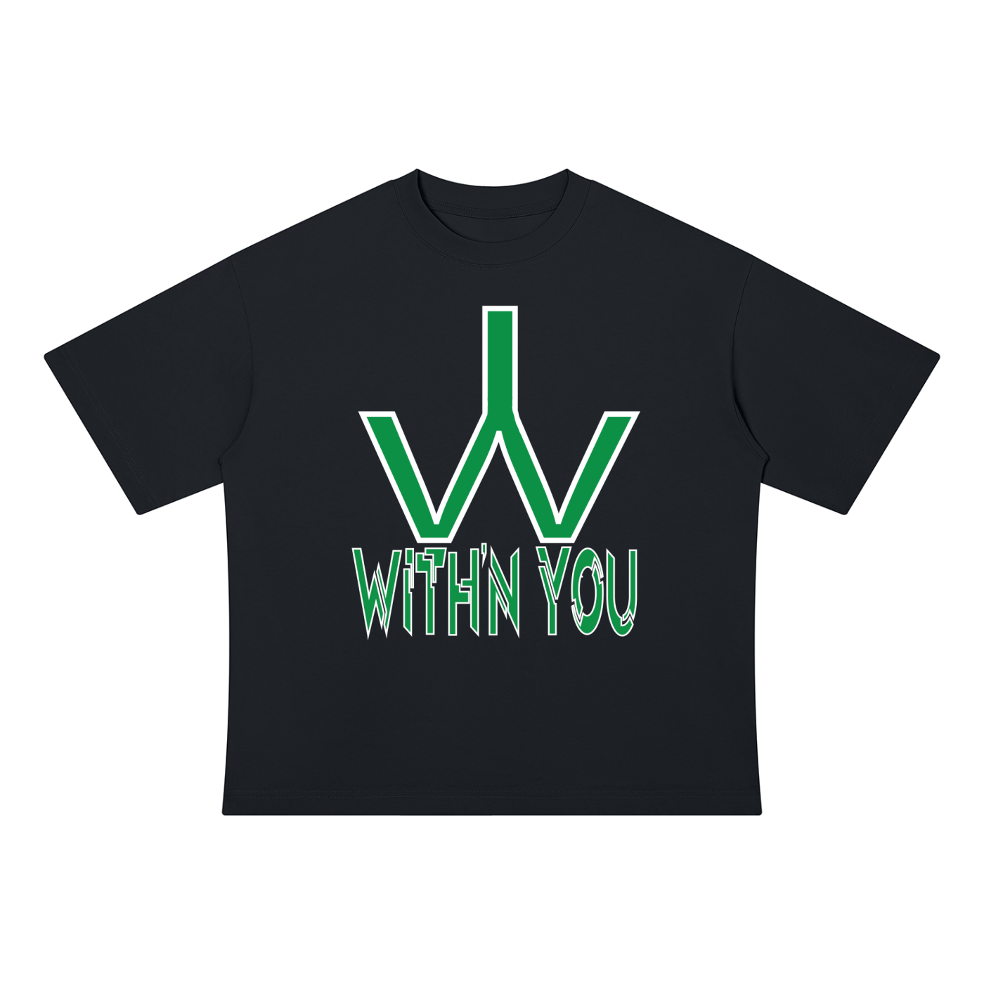 "WITH'N YOU" LOGO - WHITE/GREEN - Unisex Drop Shoulder Cotton T-Shirt