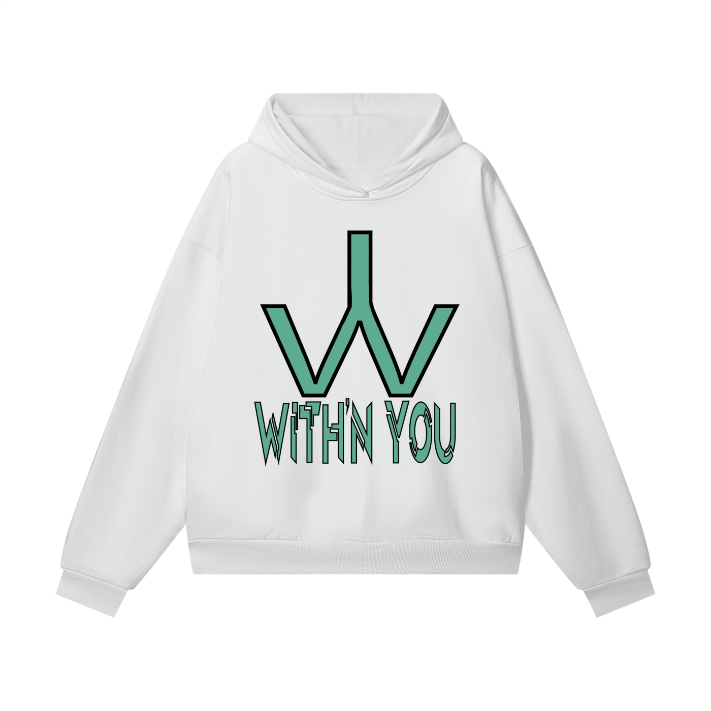 "WITH'N YOU" LOGO - BLACK/TEAL - Heavyweight Hidden Pocket Fleece Hoodie