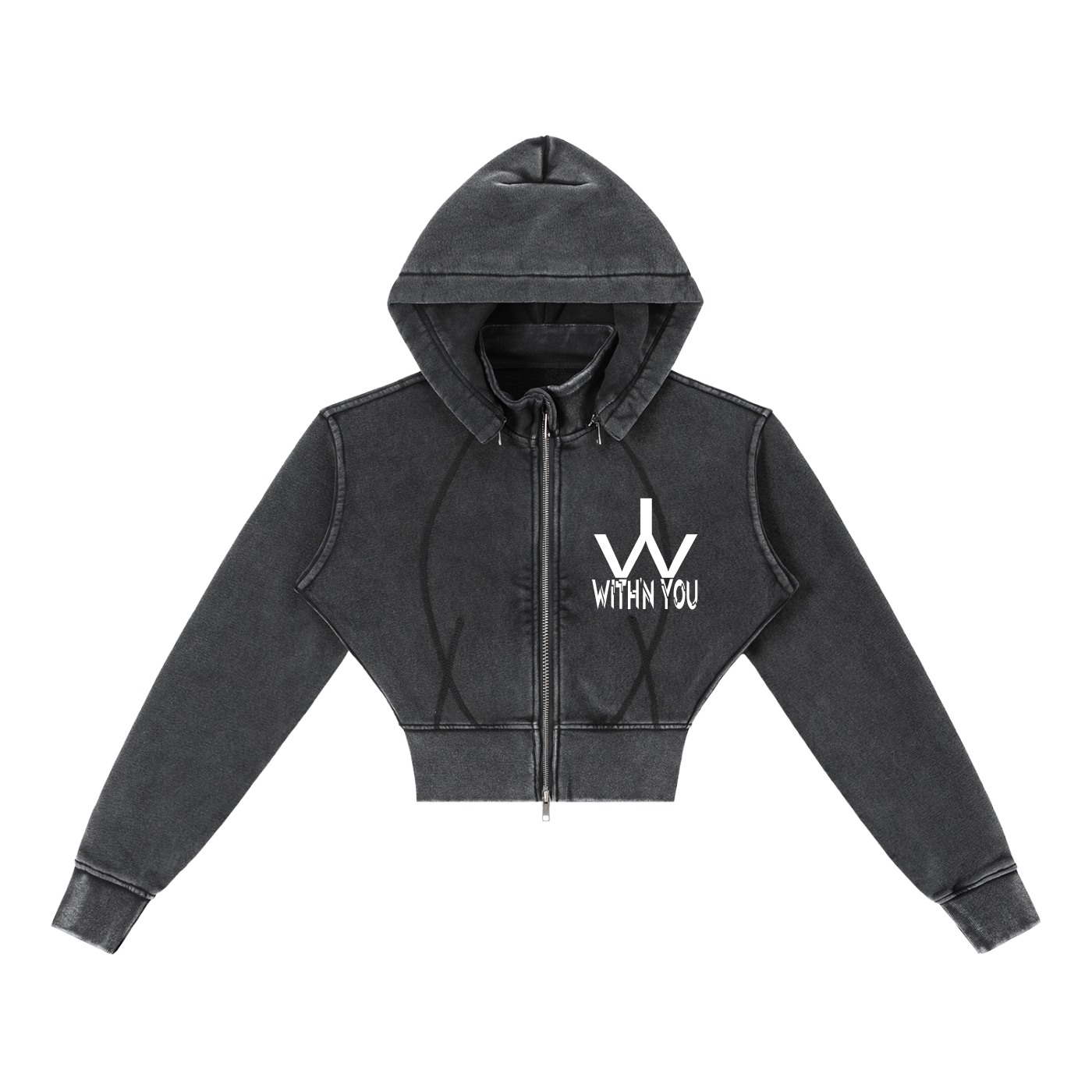 "WITH'N YOU" LOGO - WHITE - Vintage Washed Cropped Fleece Hoodie