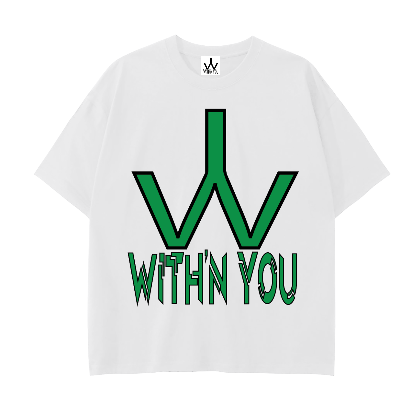 "WITH'N YOU" LOGO - BLACK/GREEN - Drop Shoulder Cotton T-Shirt