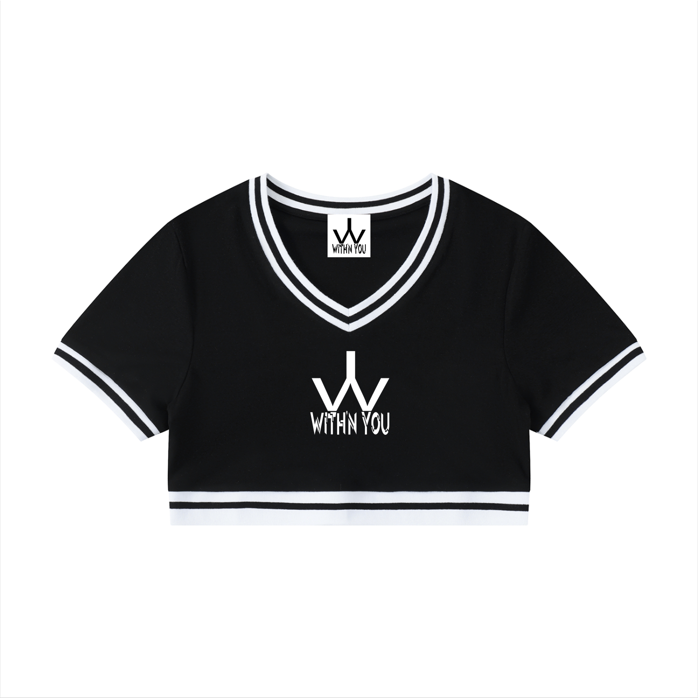 "WITH'N YOU" LOGO - WHITE -Women's Color Block V-Neck Crop T-Shirt