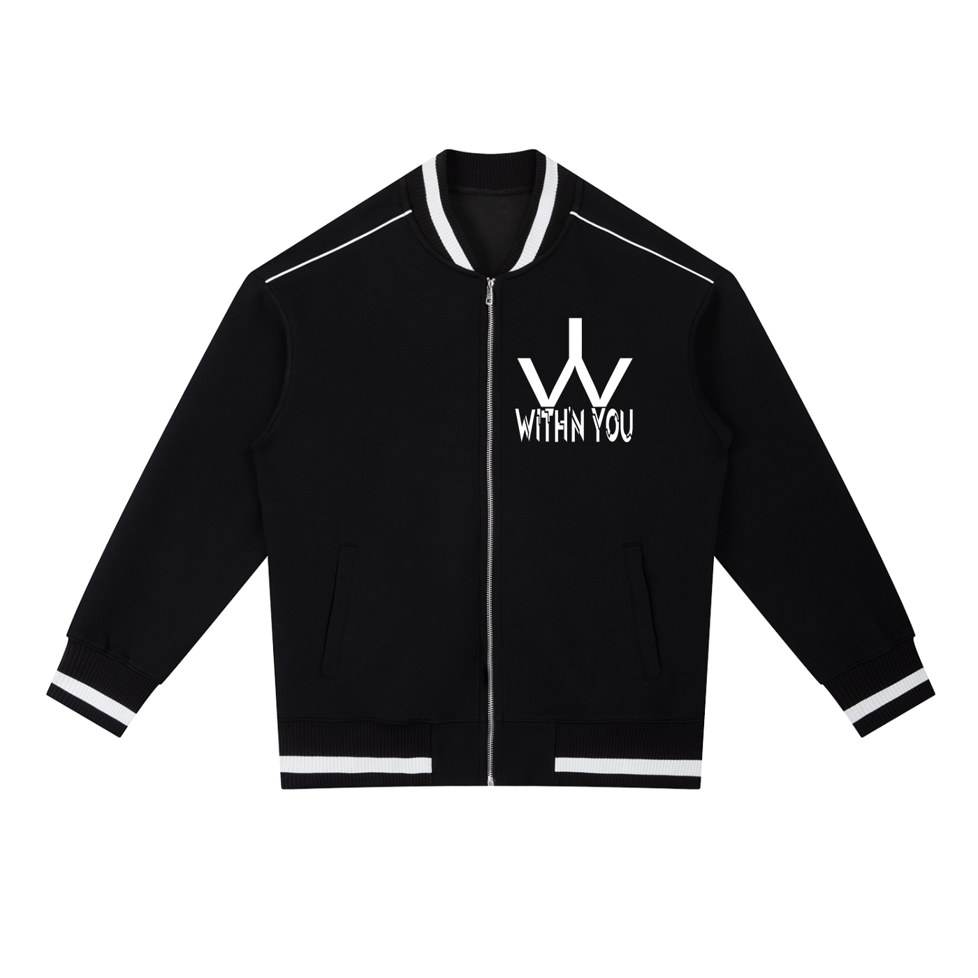"WITH'N YOU" LOGO - WHITE - Contrast Piping Zip Bomber Jacket