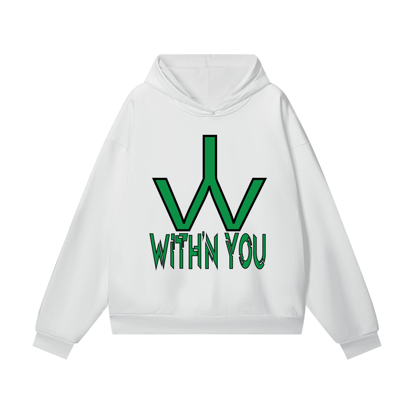 "WITH'N YOU" LOGO - BLACK/GREEN - Heavyweight Hidden Pocket Fleece Hoodie