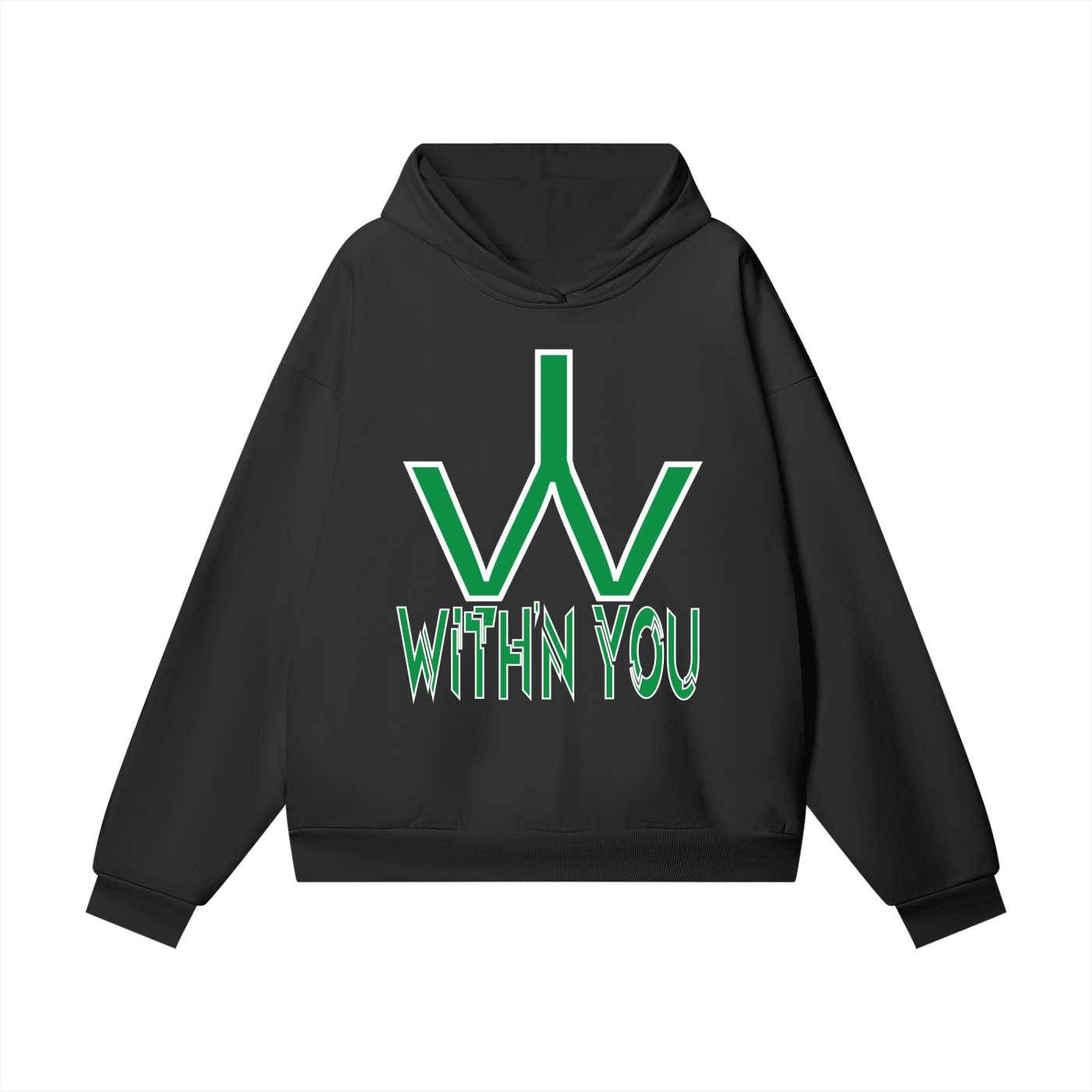 "WITH'N YOU" LOGO - WHITE/GREEN - Heavyweight Hidden Pocket Fleece Hoodie