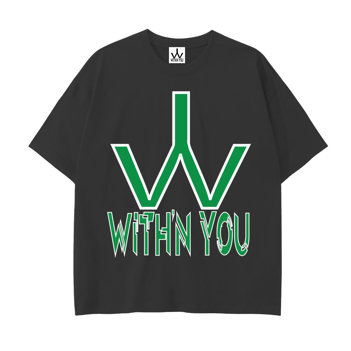"WITH'N YOU" LOGO - WHITE/GREEN - Drop Shoulder Cotton T-Shirt