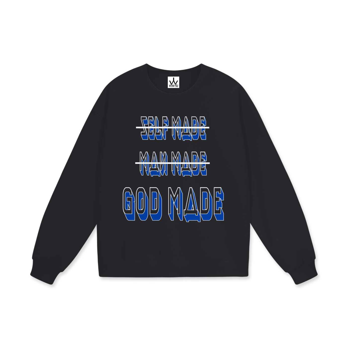 "GOD MADE" - WHITE/BLUE - Heavyweight Drop Shoulder Sweatshirt