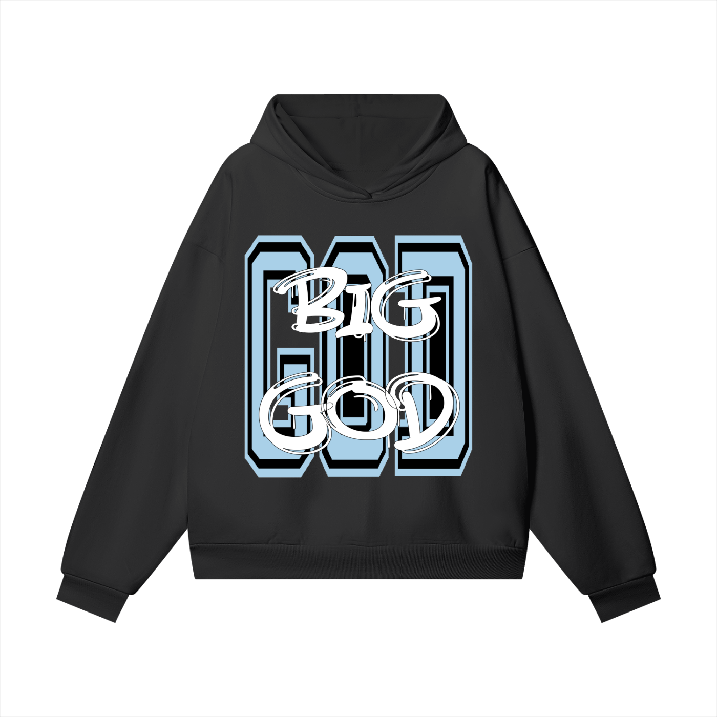 "BIG GOD" - BLACK/CAROLINA BLUE - Heavyweight Hidden Pocket Fleece Hoodie