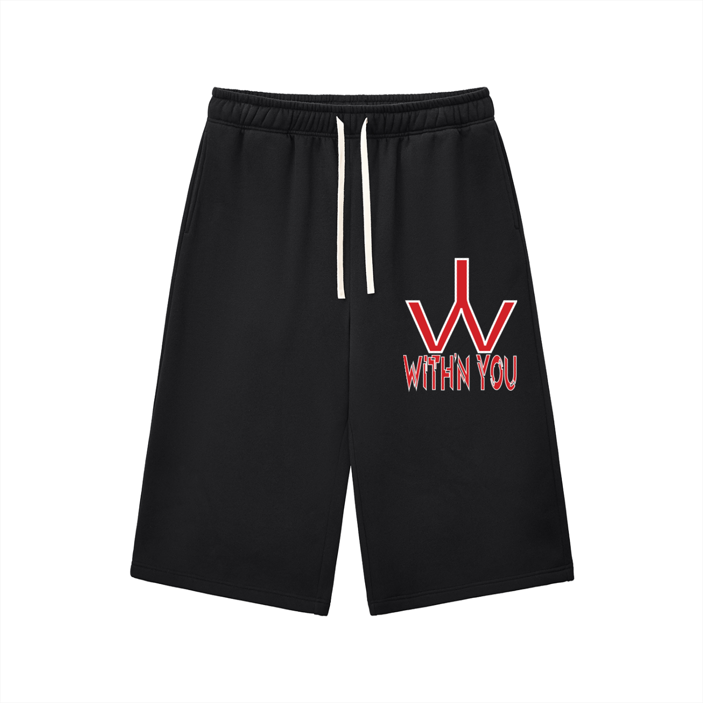 "WITH'N YOU" LOGO - WHITE/RED - Relaxed Drawstring Three-quarter Sweatpants