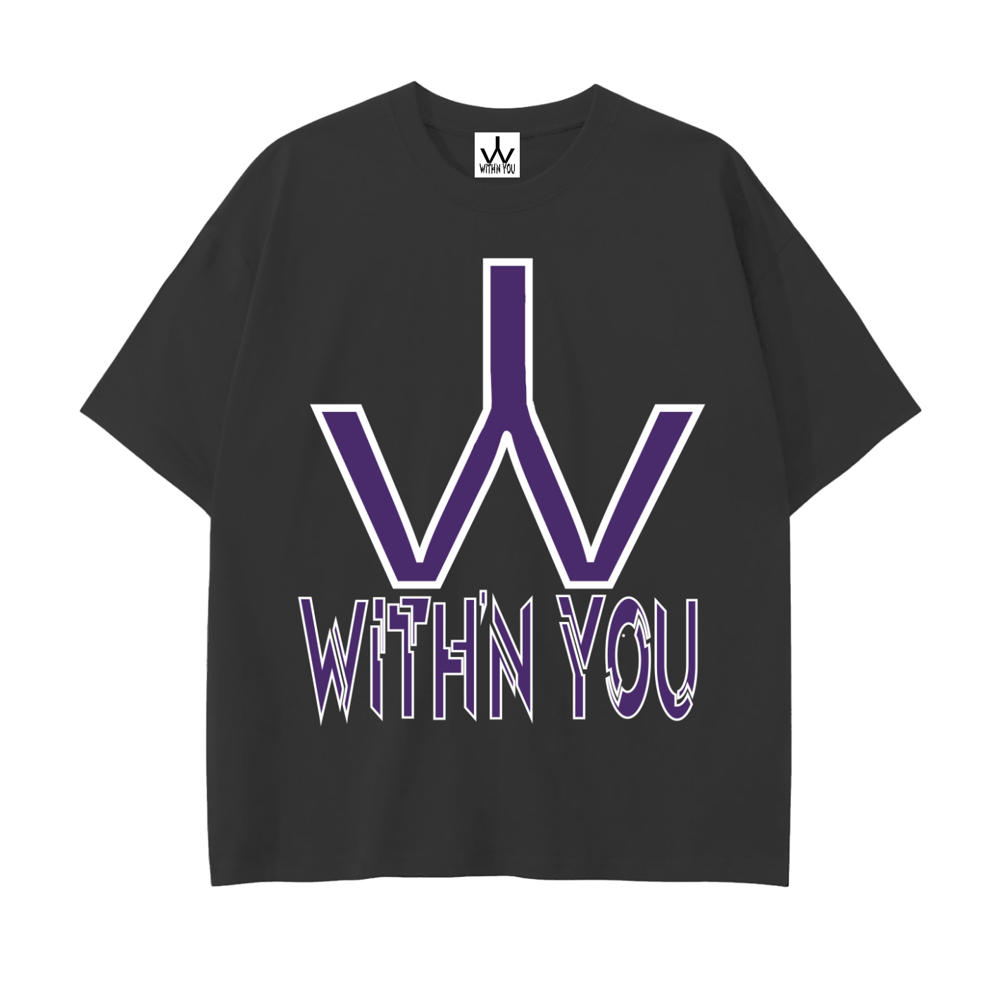 "WITH'N YOU" LOGO - WHITE/PURPLE - Drop Shoulder Cotton T-Shirt