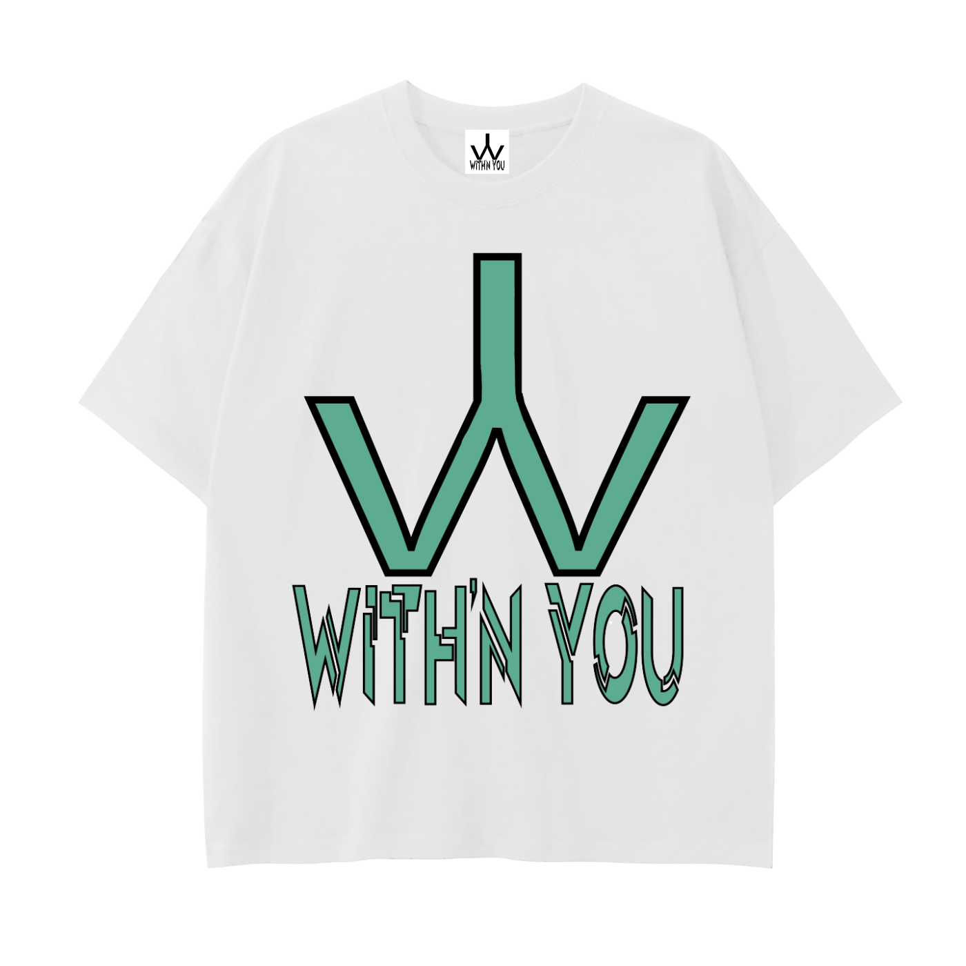 "WITH'N YOU" LOGO - BLACK/TEAL - Drop Shoulder Cotton T-Shirt