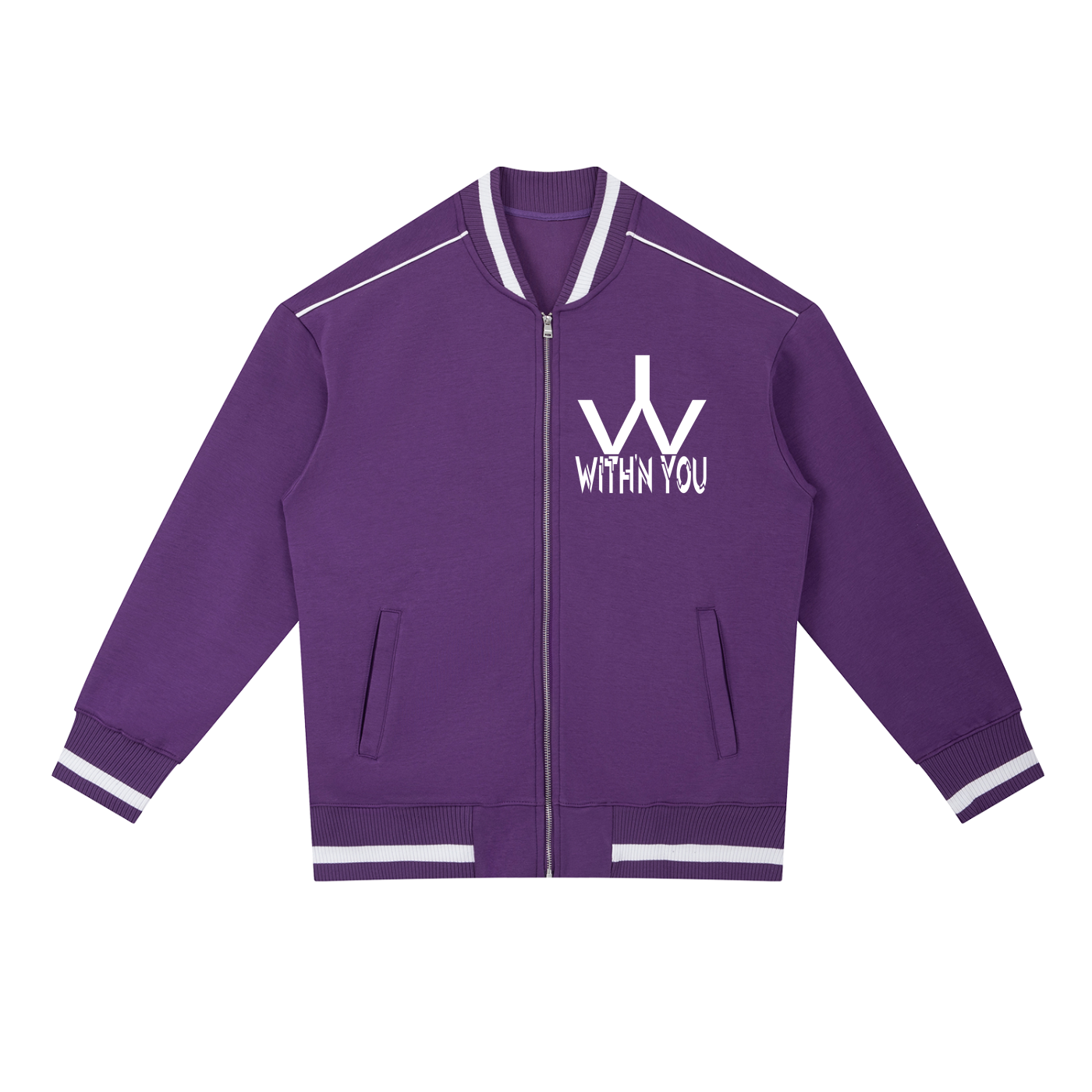 "WITH'N YOU" LOGO - WHITE - Contrast Piping Zip Bomber Jacket