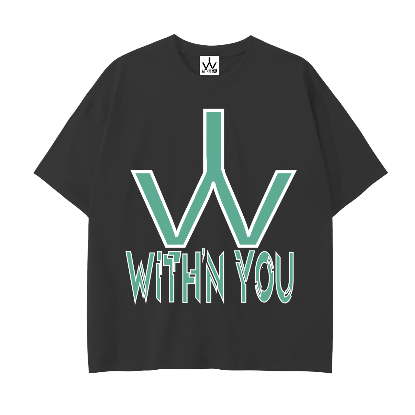 "WITH'N YOU" LOGO - WHITE/TEAL - Drop Shoulder Cotton T-Shirt