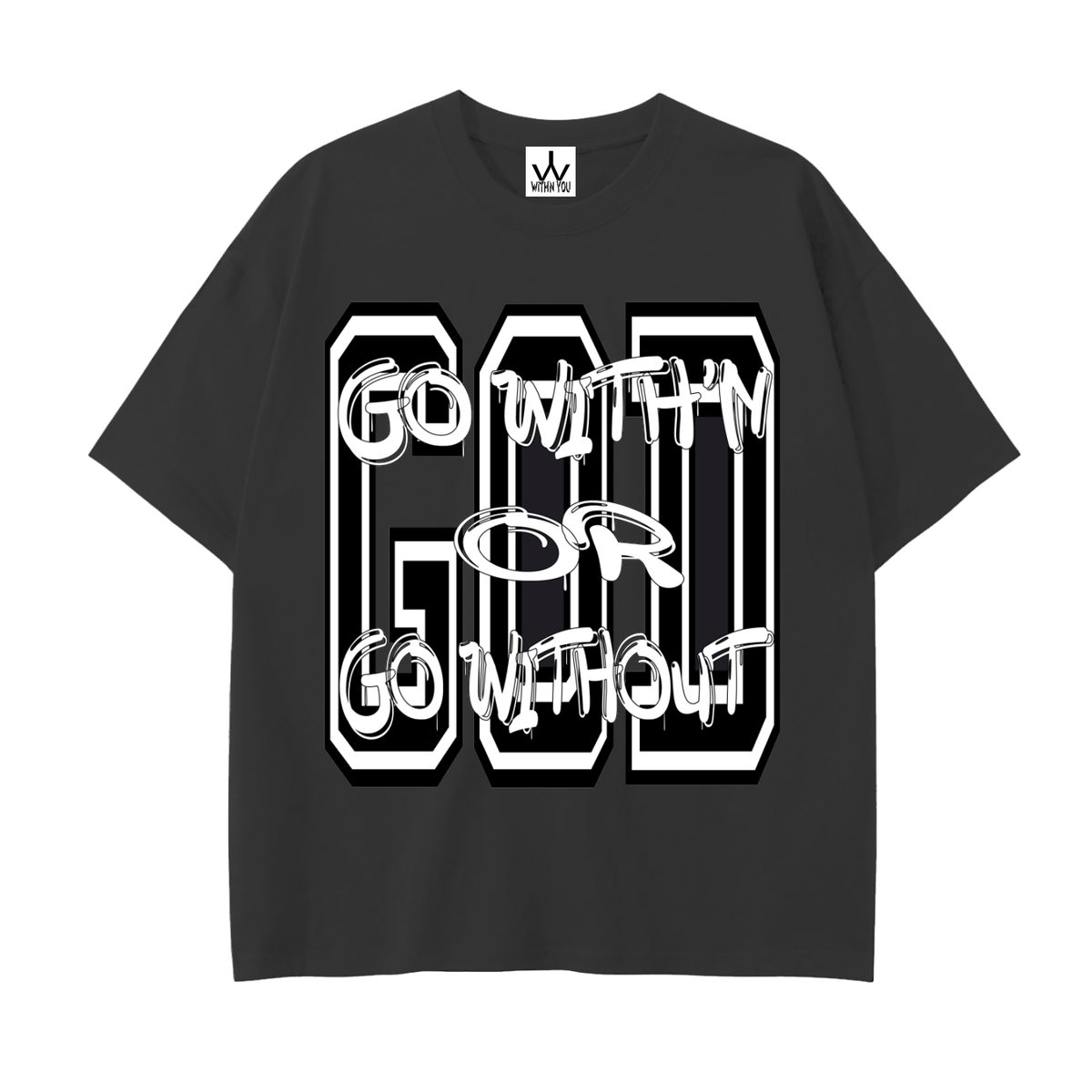 "GO WITH'N" - BLACK - Drop Shoulder Cotton T-Shirt