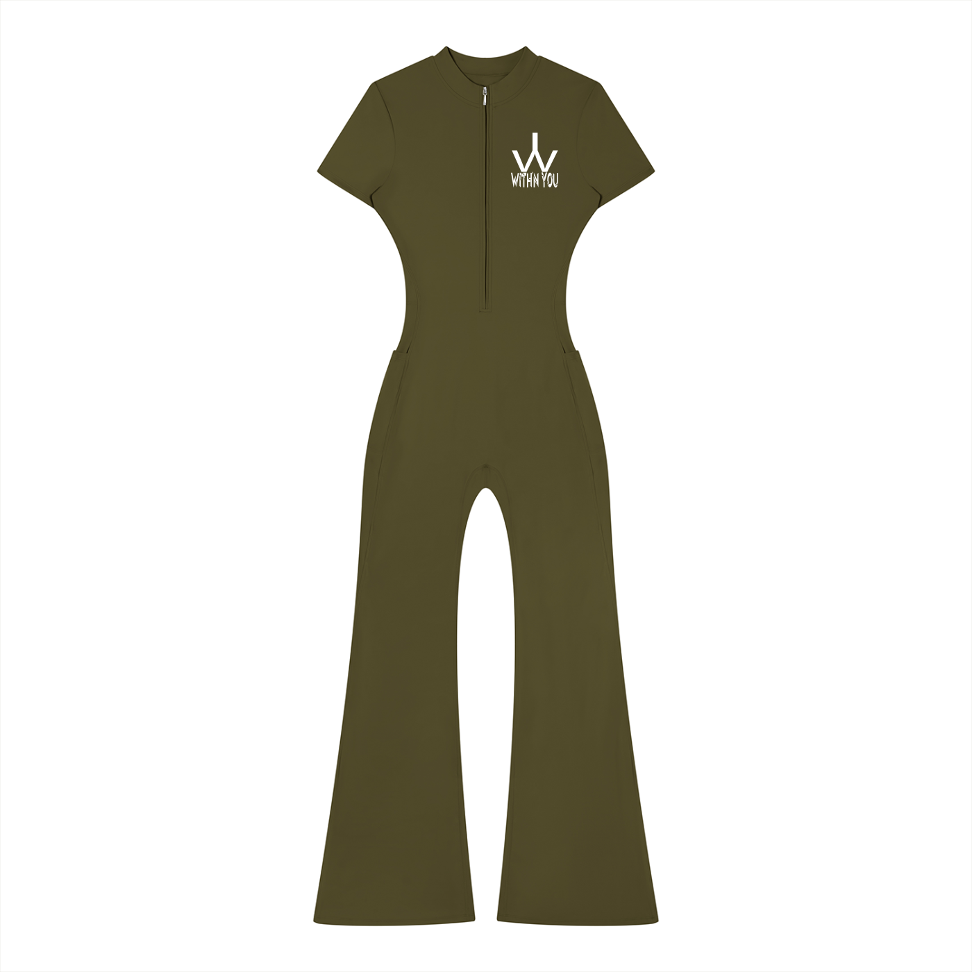 "WITH'N YOU" LOGO - WHITE - Women’s Tight Flared Leg Quarter-Zip Jumpsuit