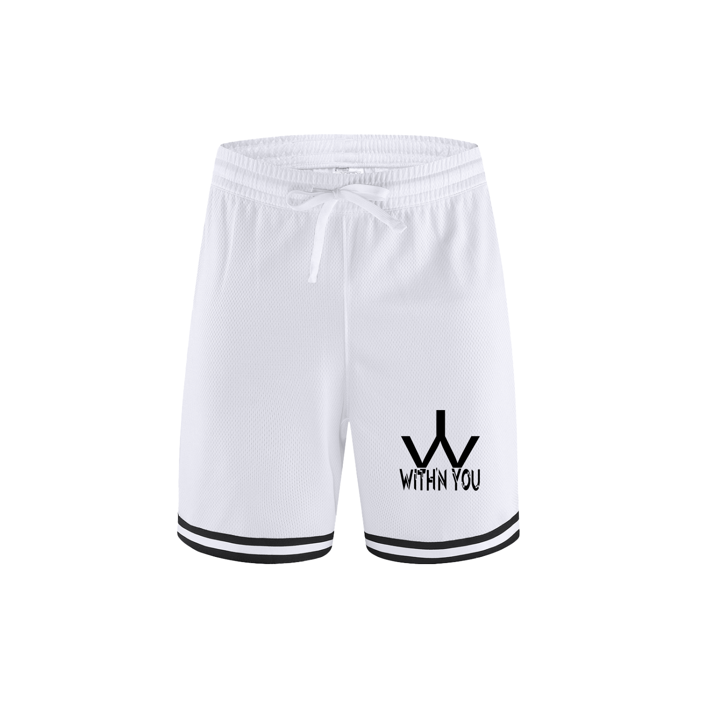 "WITH'N YOU" LOGO - WHITE - Classic Stripe Trim Basketball Shorts