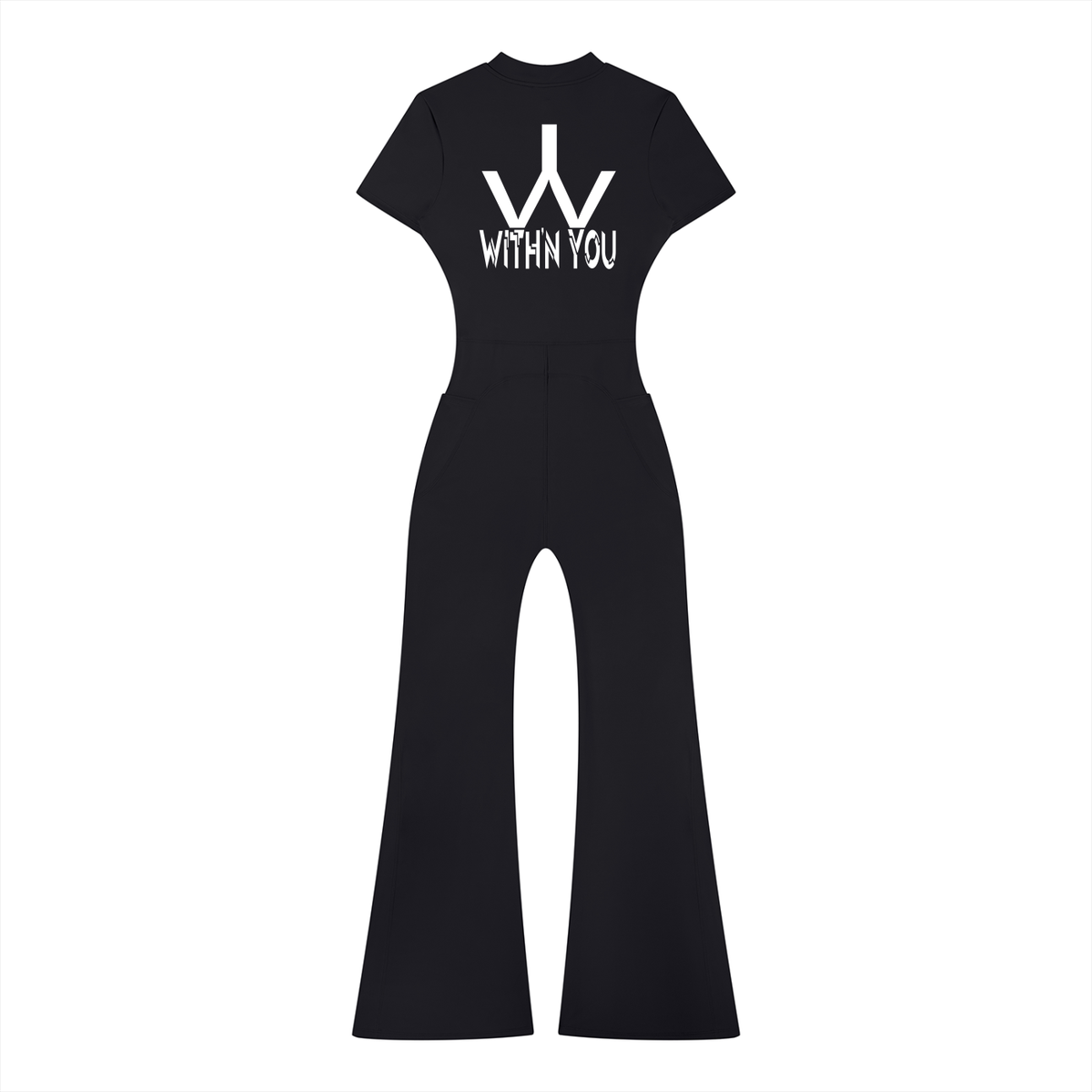 "WITH'N YOU" LOGO - WHITE - Women’s Tight Flared Leg Quarter-Zip Jumpsuit