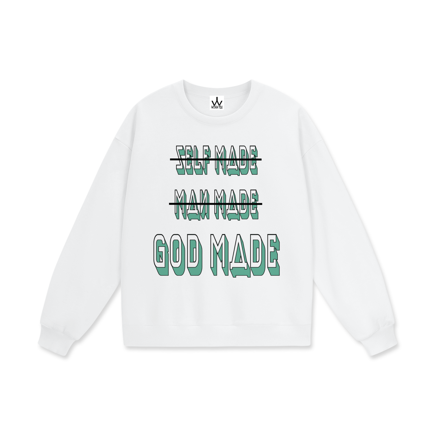"GOD MADE" - BLACK/TEAL - Heavyweight Drop Shoulder Sweatshirt