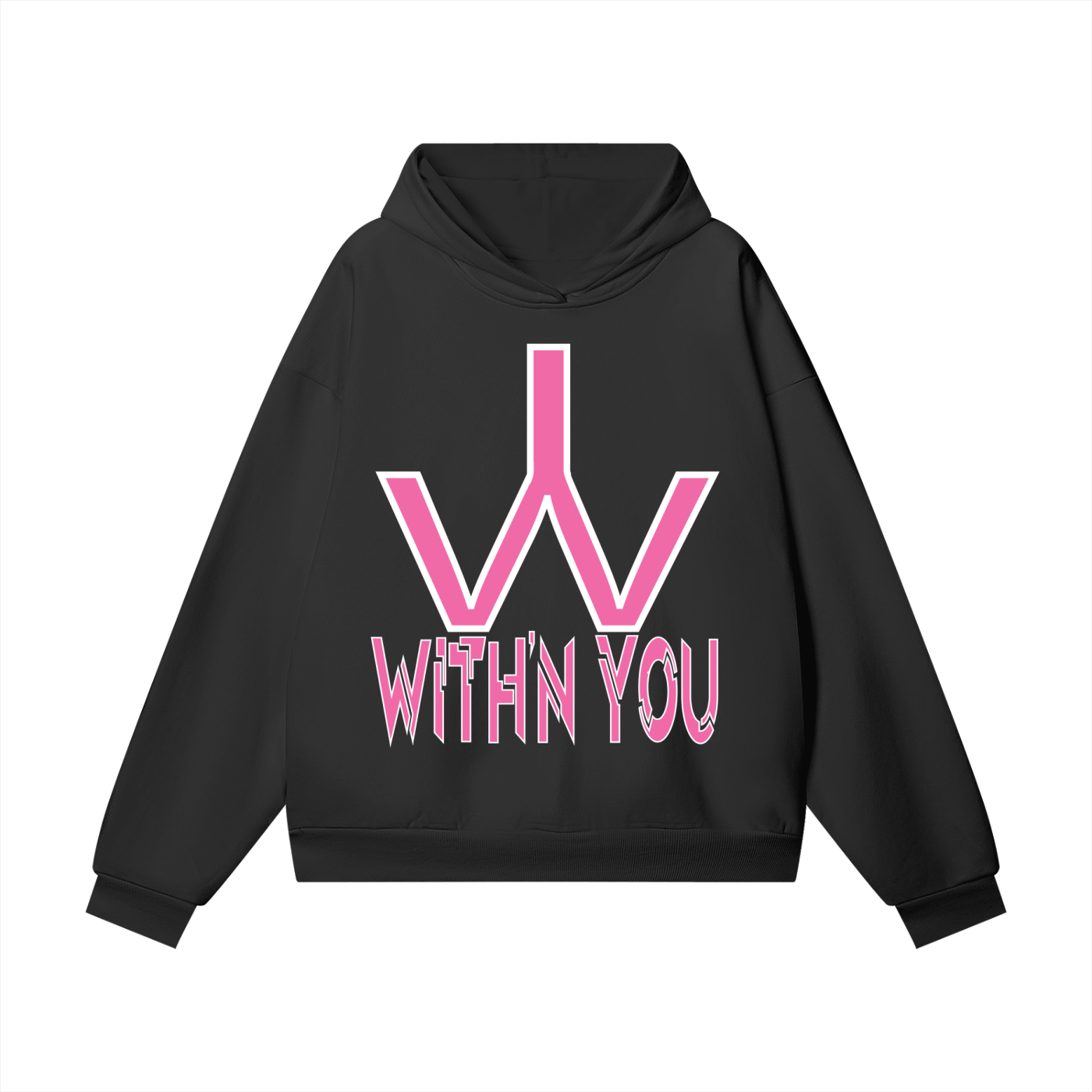 "WITH'N YOU" LOGO - WHITE/PINK - Heavyweight Hidden Pocket Fleece Hoodie