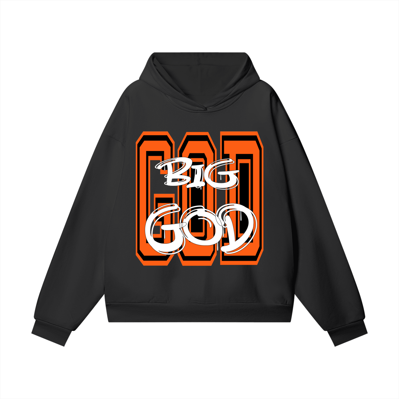 "BIG GOD" - BLACK/ORANGE - Heavyweight Hidden Pocket Fleece Hoodie