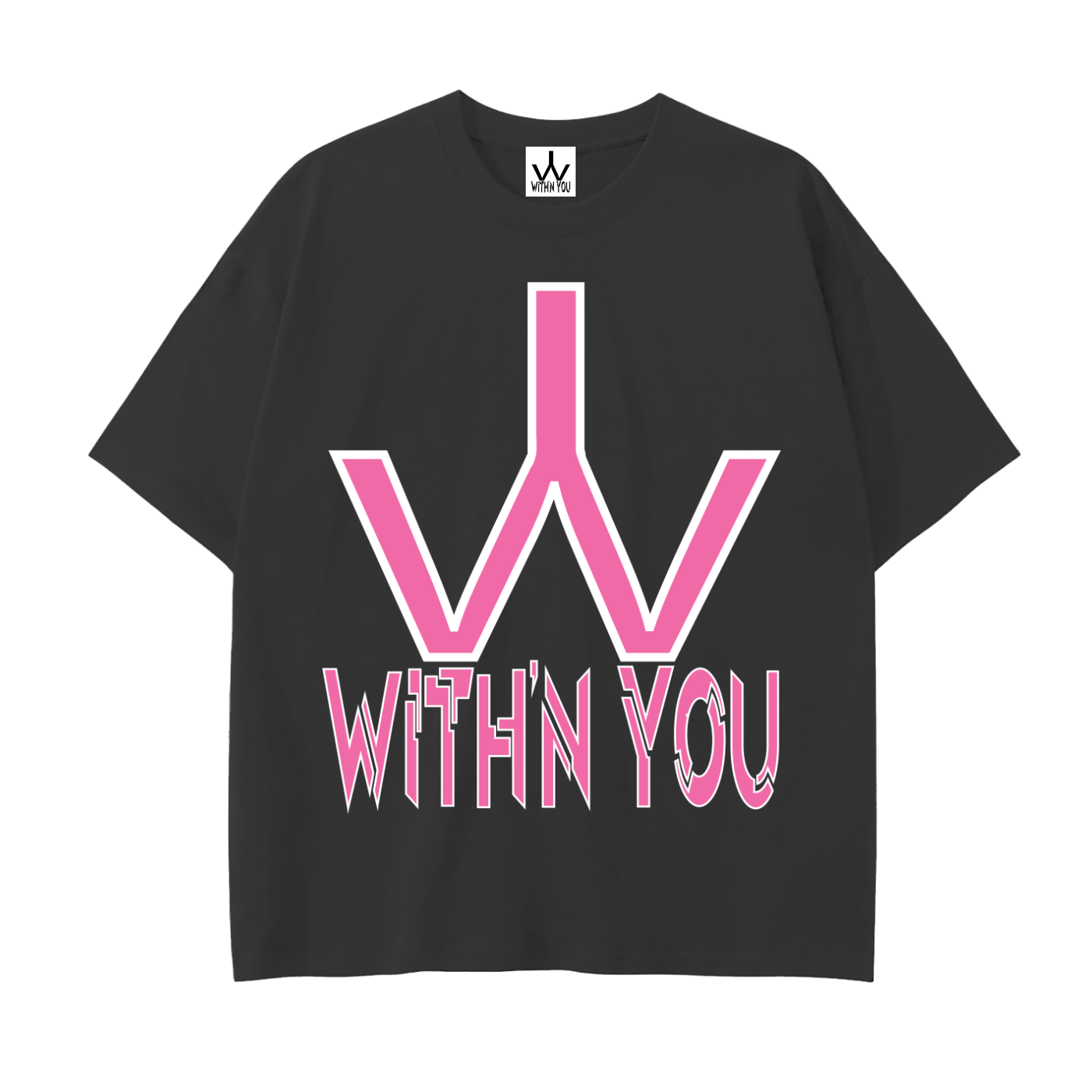 "WITH'N YOU" LOGO - WHITE/PINK - Drop Shoulder Cotton T-Shirt