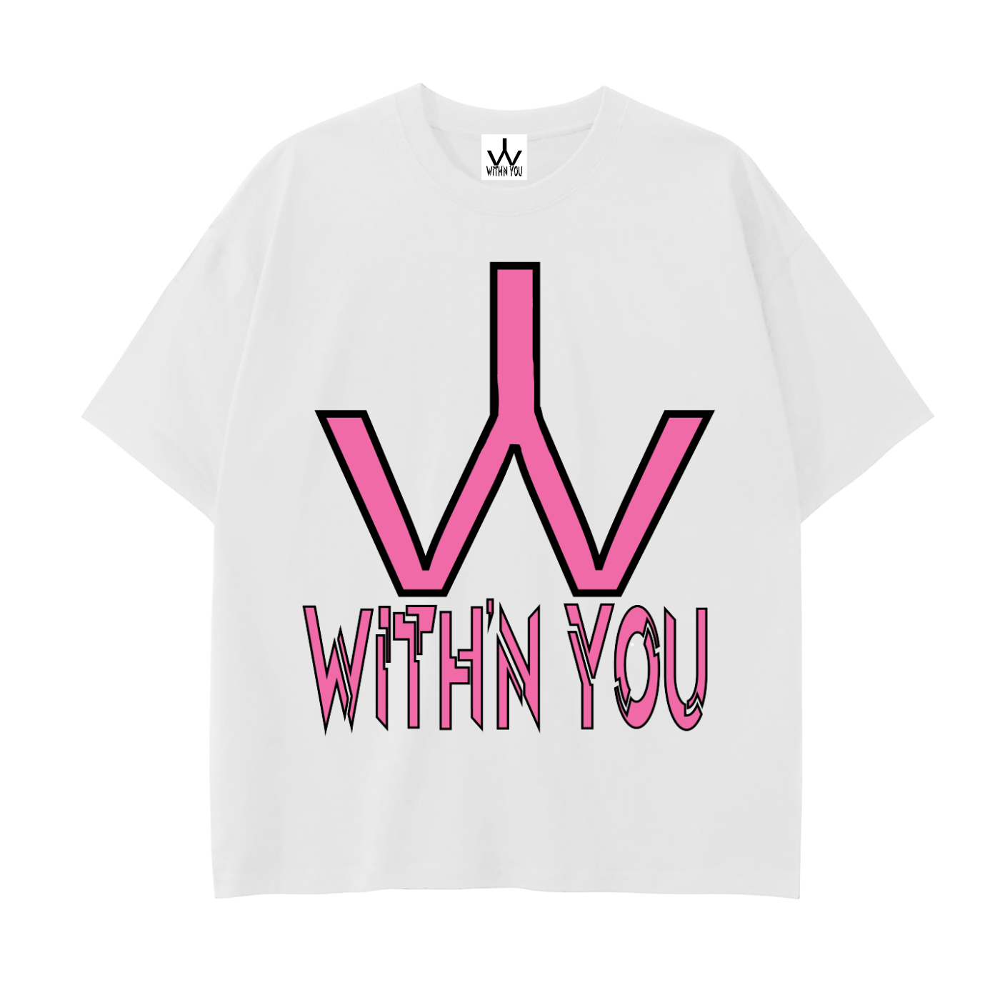 "WITH'N YOU" LOGO - BLACK/PINK - Drop Shoulder Cotton T-Shirt