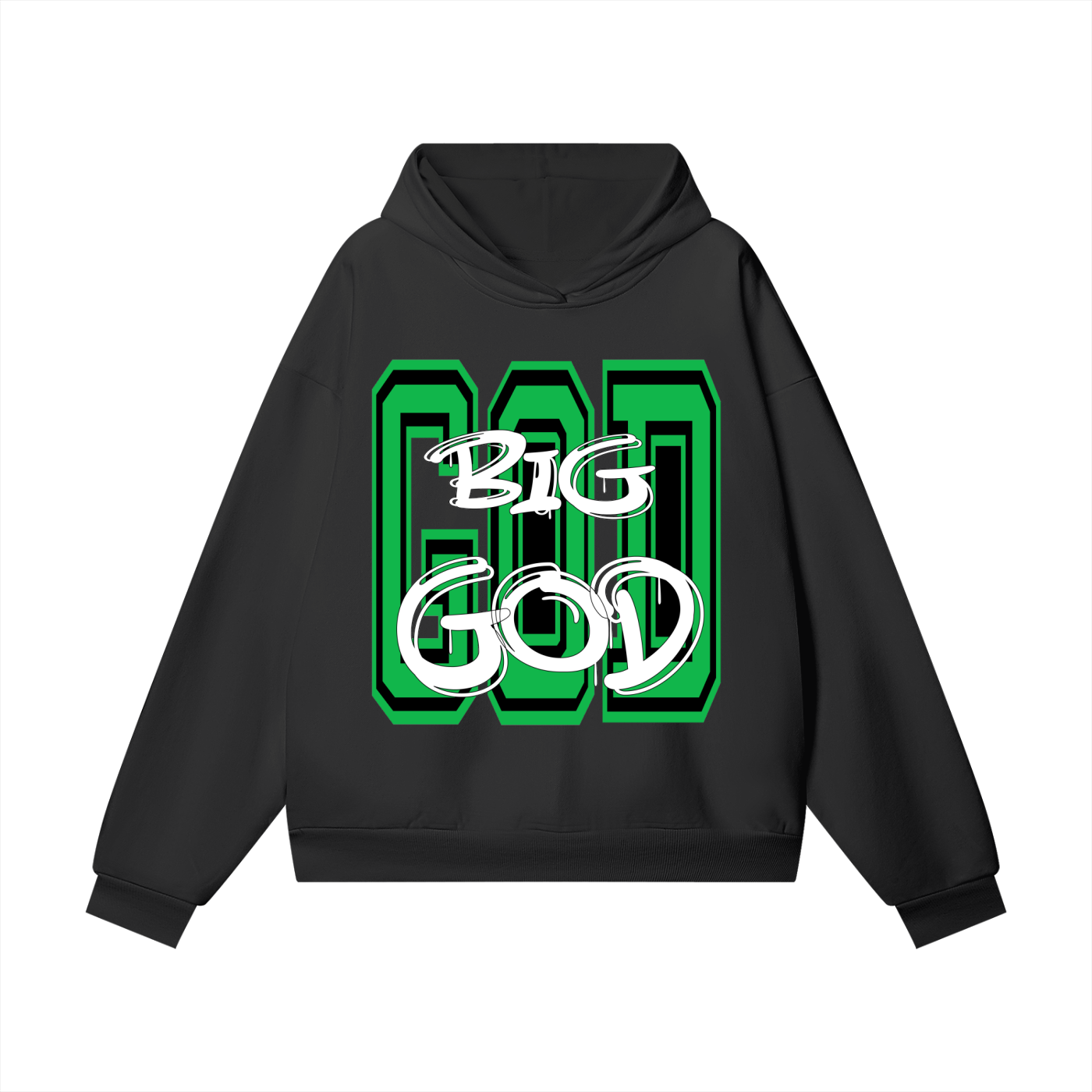 "BIG GOD" - BLACK/GREEN - Heavyweight Hidden Pocket Fleece Hoodie
