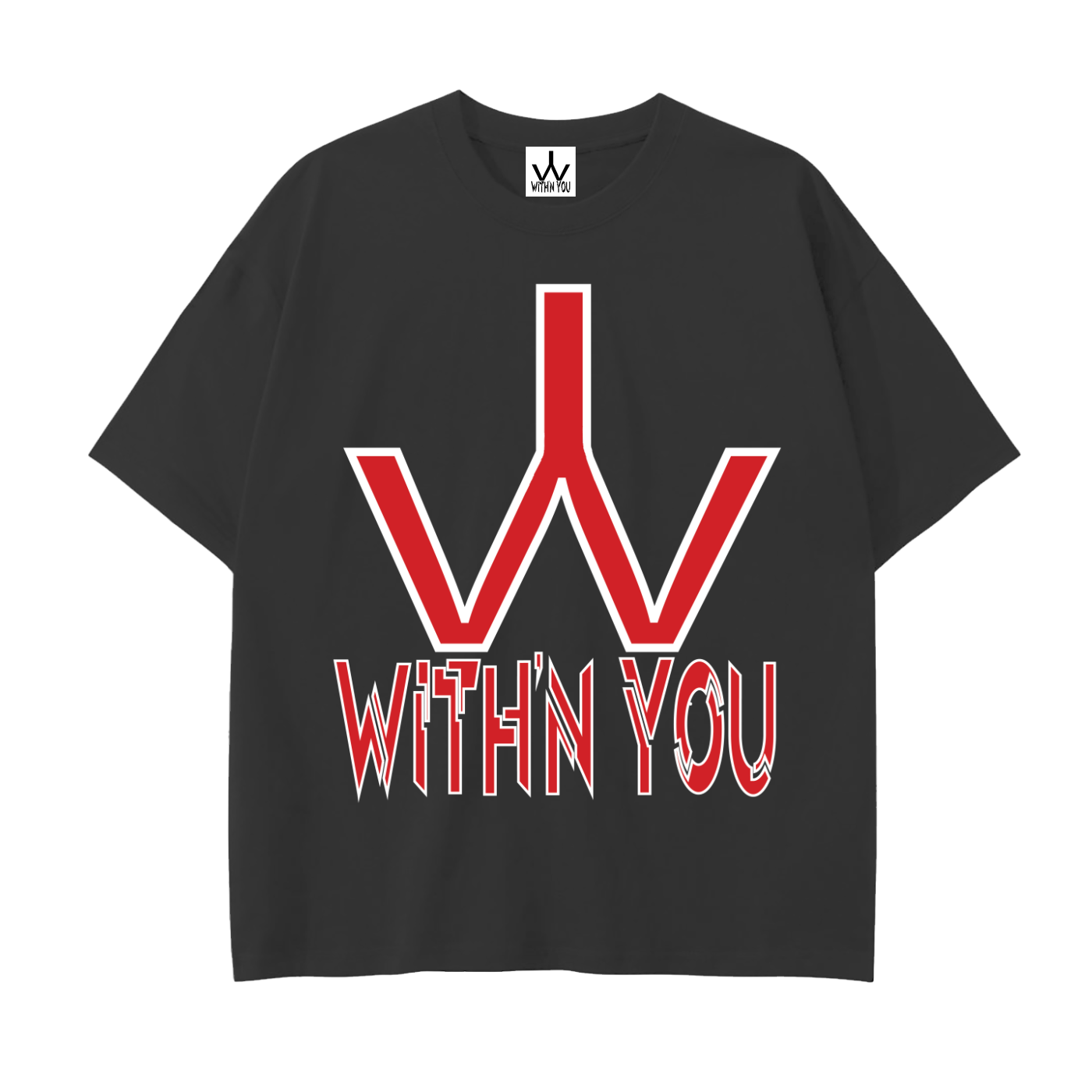 "WITH'N YOU" LOGO - WHITE/RED - Drop Shoulder Cotton T-Shirt