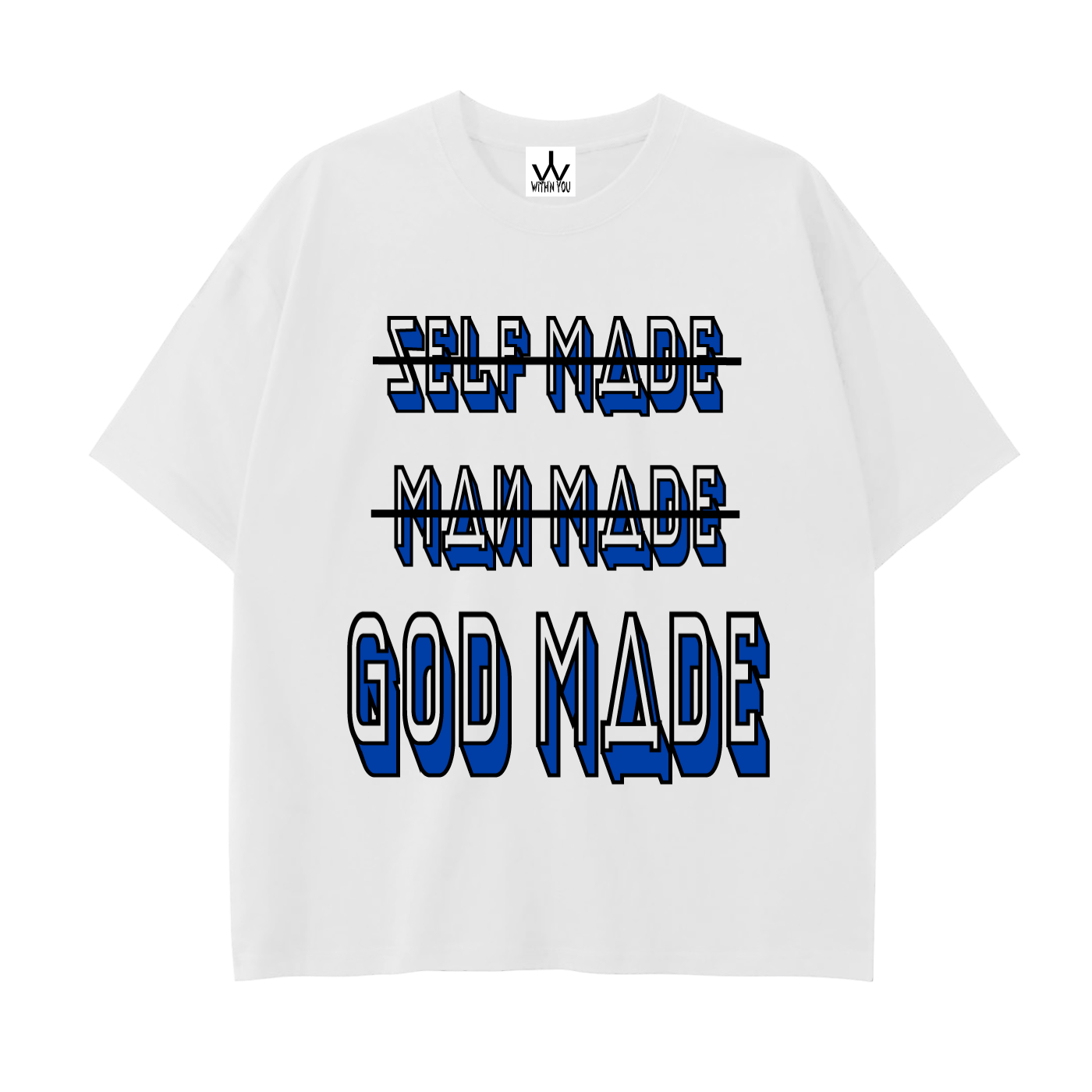 "GOD MADE" - BLACK/BLUE - Drop Shoulder Cotton T-Shirt