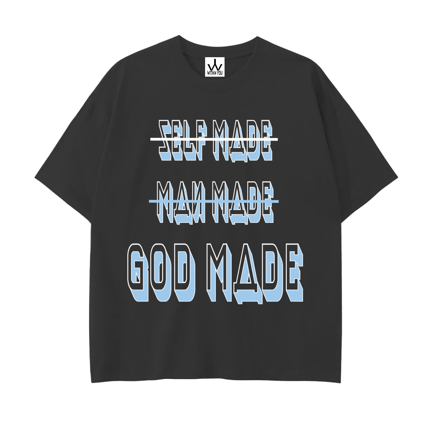 "GOD MADE" - WHITE/CAROLINA BLUE - Drop Shoulder Cotton T-Shirt