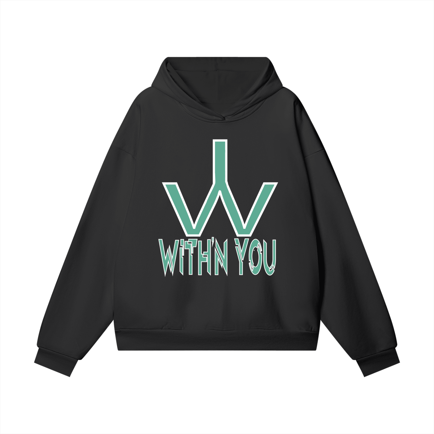 "WITH'N YOU" LOGO - WHITE/TEAL - Heavyweight Hidden Pocket Fleece Hoodie
